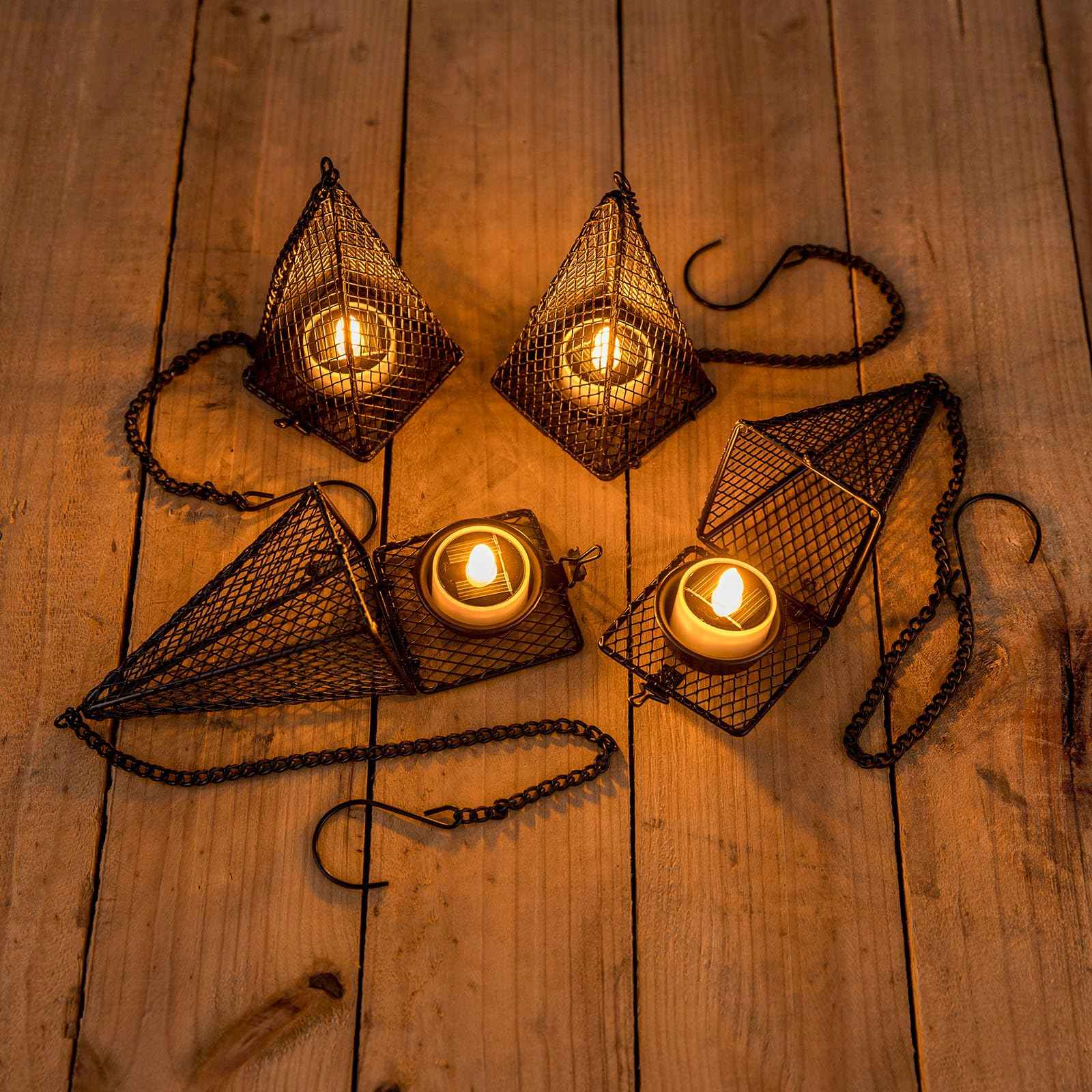 Solar Hanging Lights Outdoor, 4 Pack Hanging Lanterns Candle Holder with Solar Tea Lights Candles Outdoor Waterproof, Chandelier Ideas for Tree Gazebo Pergola Patio Decor