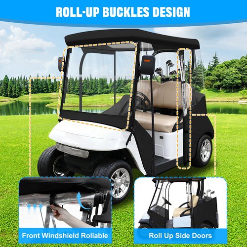 iLSKW Golf Cart Driving Enclosure 2 Passenger Only for EZGO TXT & RXV Cart with Roll Up Door Zipper Design, 4-Side Clear Windows 600D Heavy Duty Rain Cover, Black