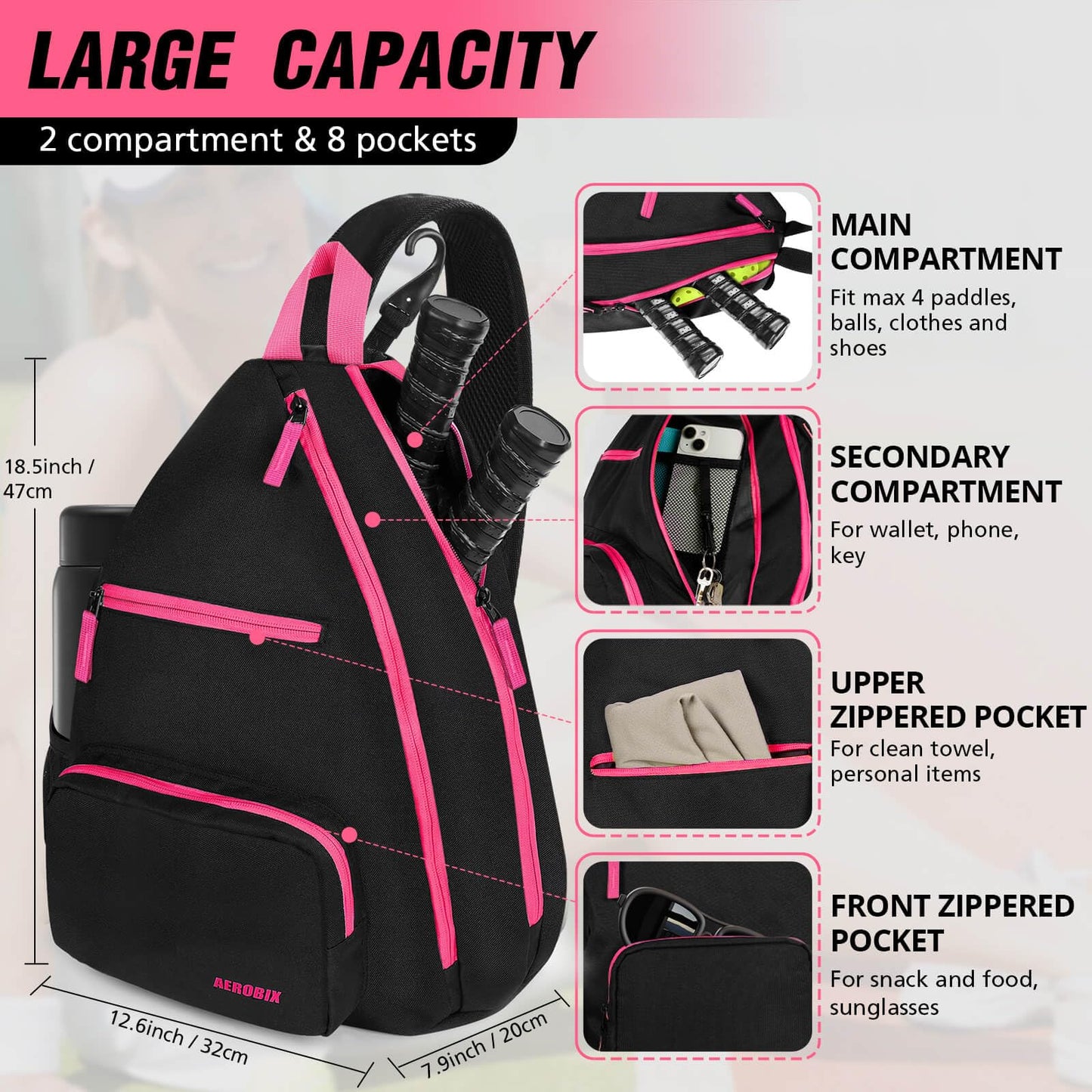 AEROBIX Pink Pickleball Bag for Women & Men, Pickle Ball Backpack - Upgraded Zippers, Large Capacity, Padded Paddle Pocket, Adjustable Sling Bag (No Accessories)