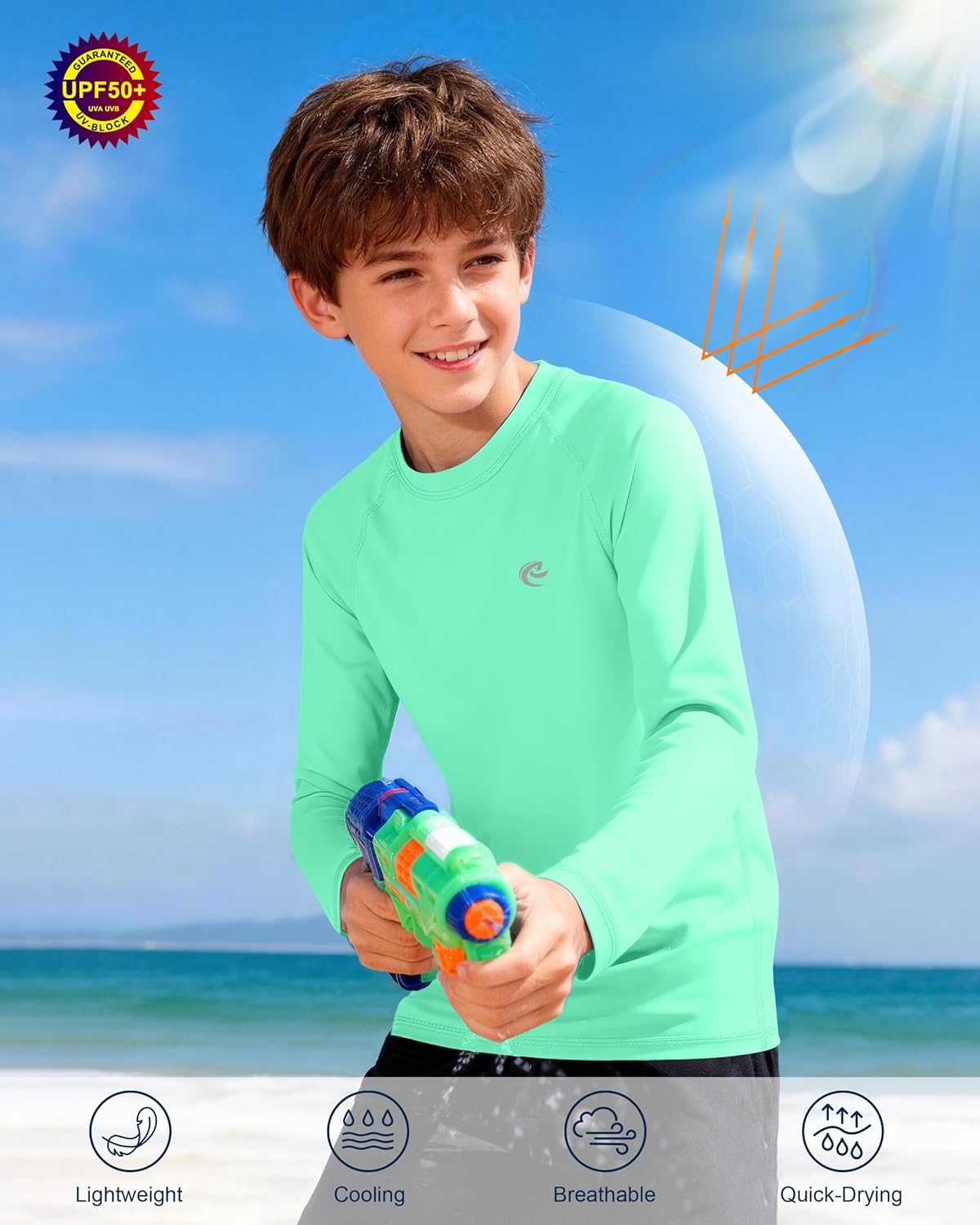 Skiennix Boys UPF 50+ Swim Shirt - Long Sleeve UV Sun Protection Rash Guard | Youth SPF Water Shirt