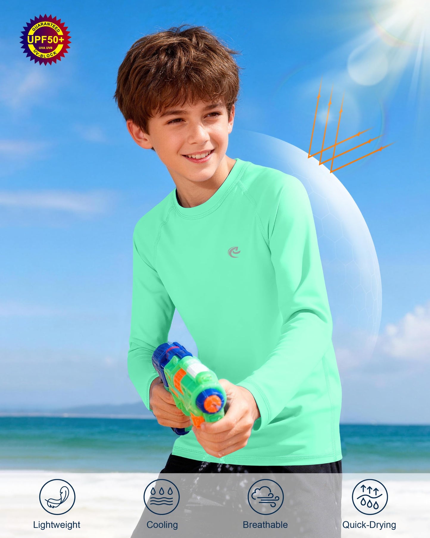 Boys UPF 50+ Swim Shirt Long Sleeve, 1 or 2 Pack UV Sun Protection Rash Guard, Youth Kids SPF Water Shirts for Beach Surf