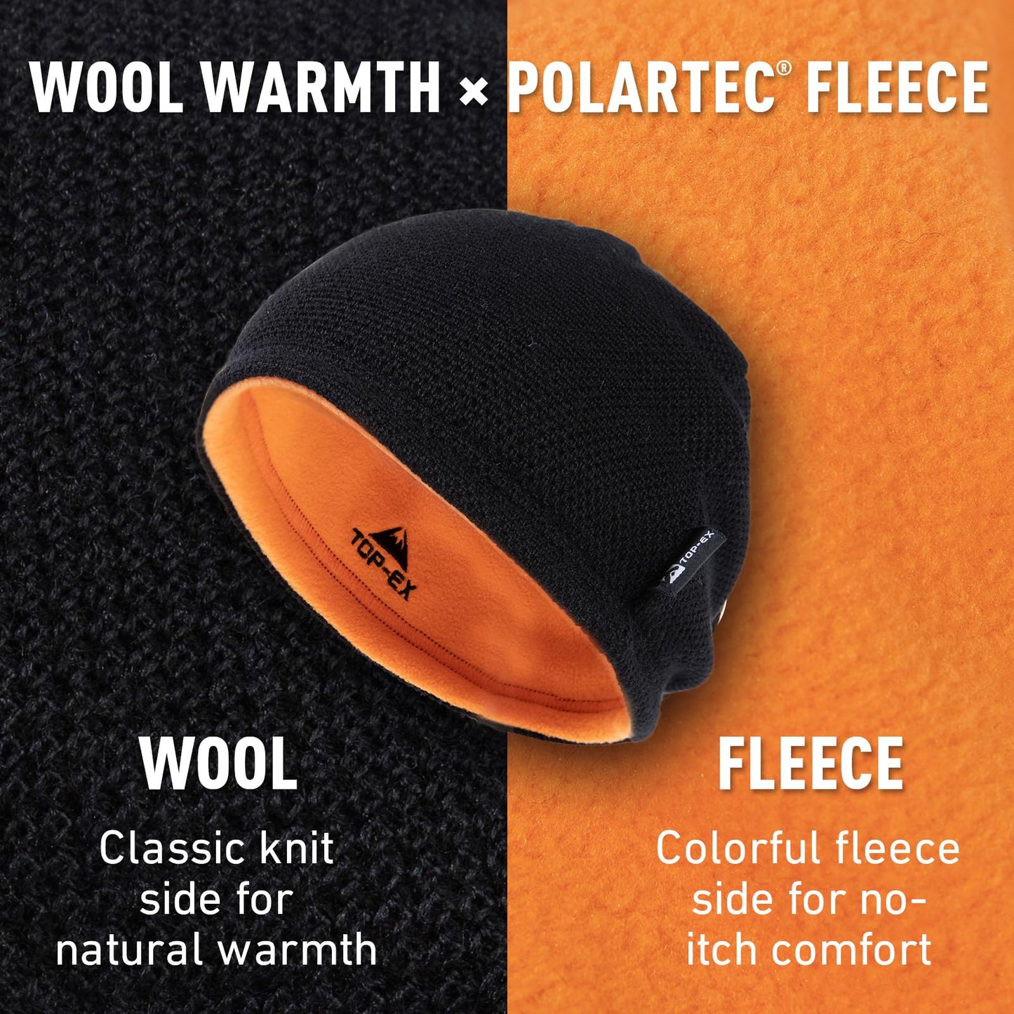 TOP-EX Reversible Wool Beanie Hat for Men Winter Outdoor Work Ski Running Warm Knit Skull Cap Fleece Lined Windproof Watch Cap Gift for Dad Christmas Black M/L