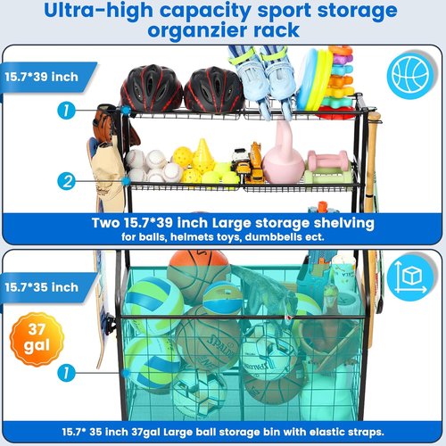 Kinghouse Basketball Rack - Durable Steel Sport Equipment Organizer with Bat Holder & Hooks | Easy Assembly for Garage & Home Gym