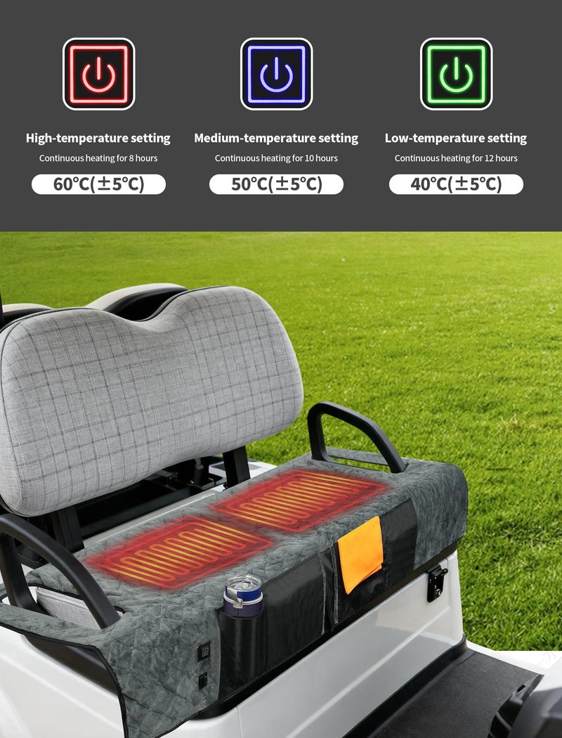 PUTTLAZR Golf Cart Seat Cover with 12V Car Plug, 50" × 31", Non-Slip Winter Golf Cart Seat Towel Blanket with 2 Front Pockets, Fits for EZGO, Yamaha, Club Car and More 2 Person Seats Golf Carts