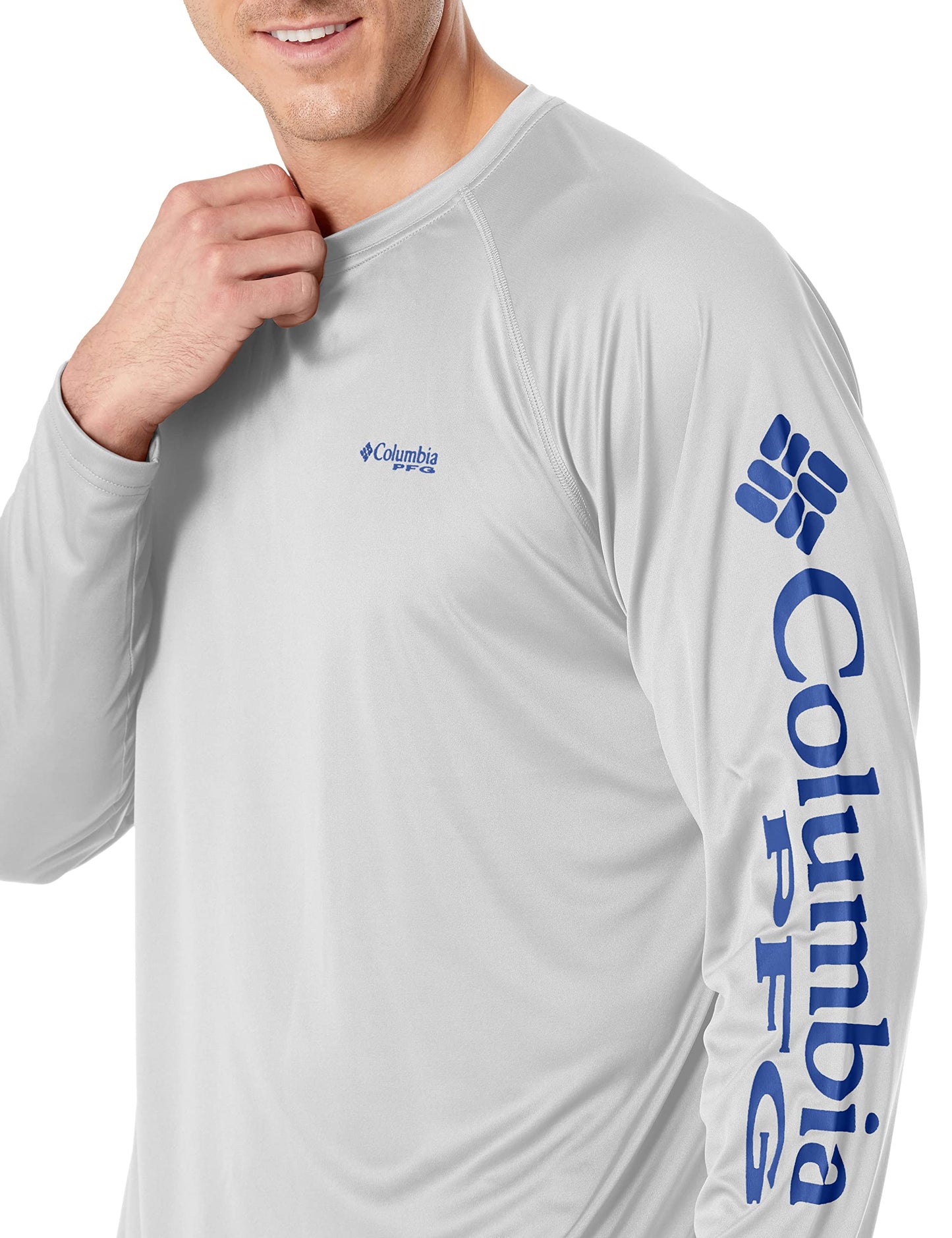 Columbia Men's PFG Terminal Tackle Long Sleeve Fishing Shirt, Cool Grey/Vivid Blue Logo, 2X