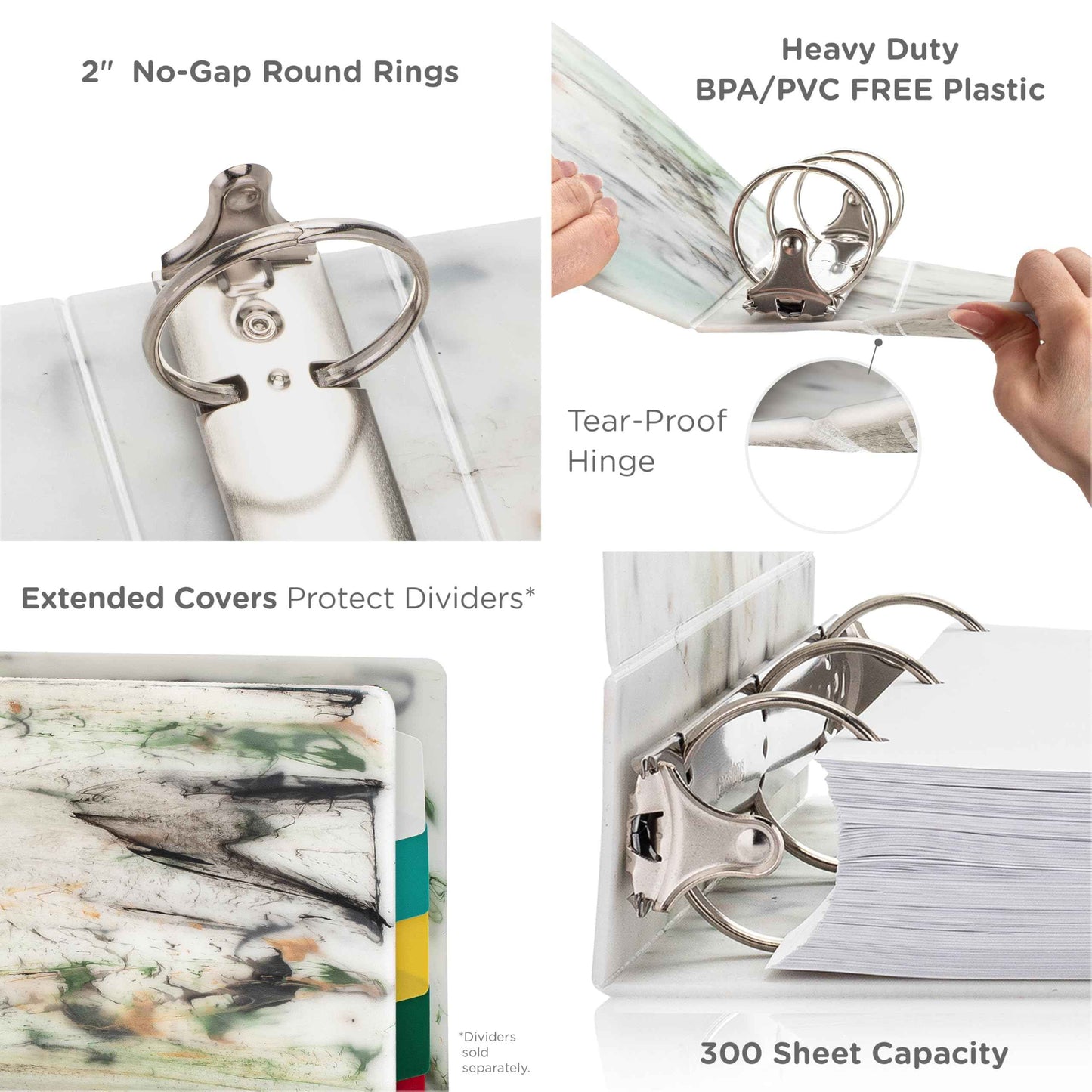 Carstens Limited Edition 2-Inch Green Marble Heavy Duty 3-Ring Binder – Side Opening, Waterproof, Durable Plastic, No-Gap Rings, Holds 300 Sheets, BPA-Free, Made in USA (2843-3R)