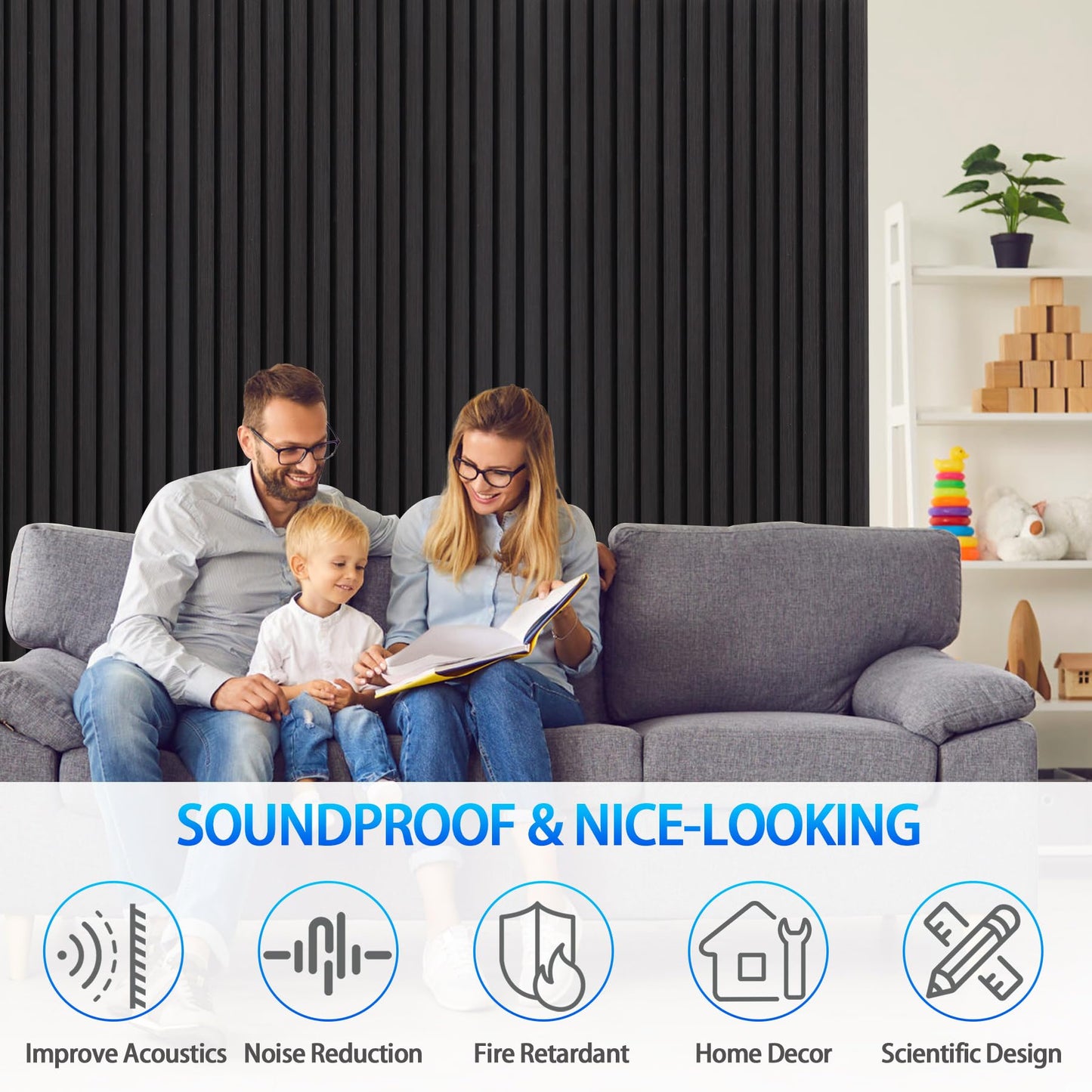 Taaizau 3D Slat Acoustic Wall Panels with Wood Finish Accent, 2 Pack Sound Absorbing Paneling for Studio, Office, Living Room, Bedroom Interior Decor (Matte Black, 48''L x 24''W)