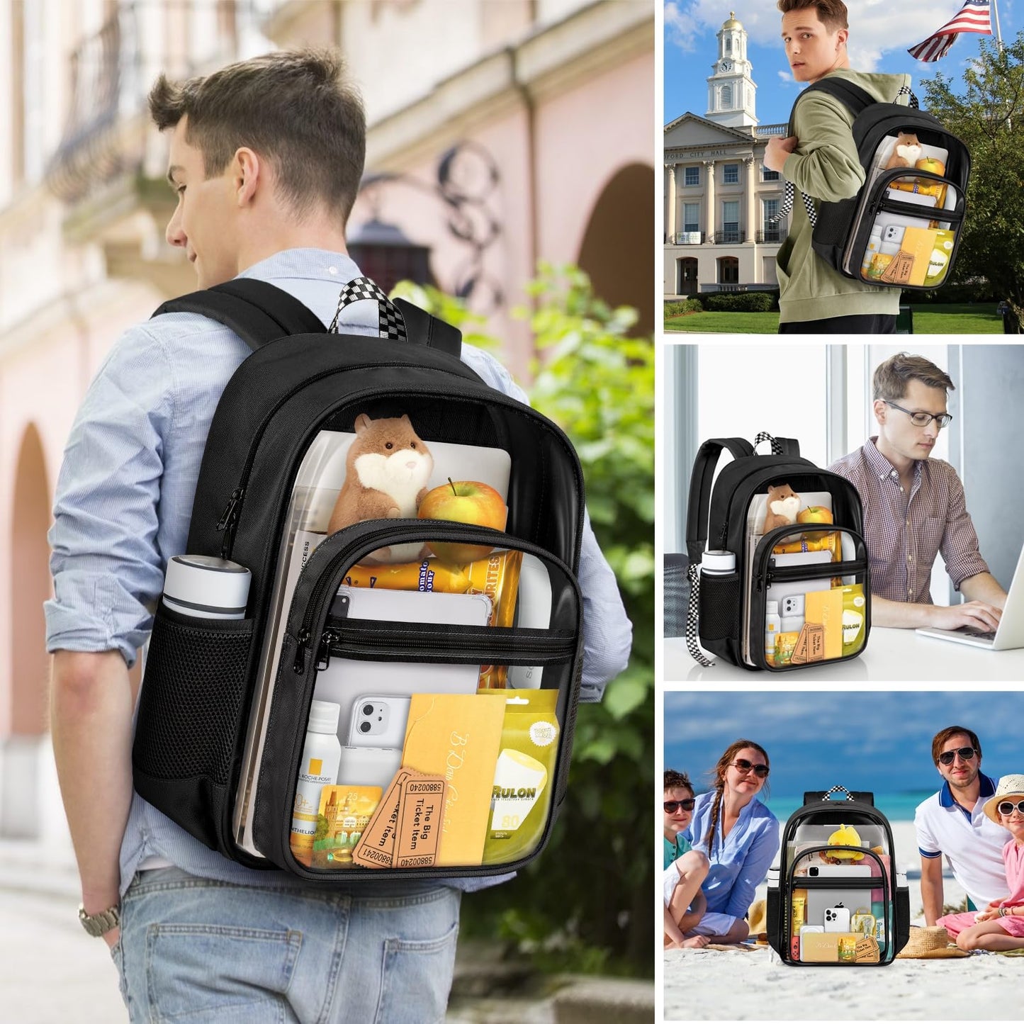 PAMANO Clear Backpack Heavy Duty Fabric & PVC Transparent Bookbag, See Through Bag for College Work Travel Security, Black