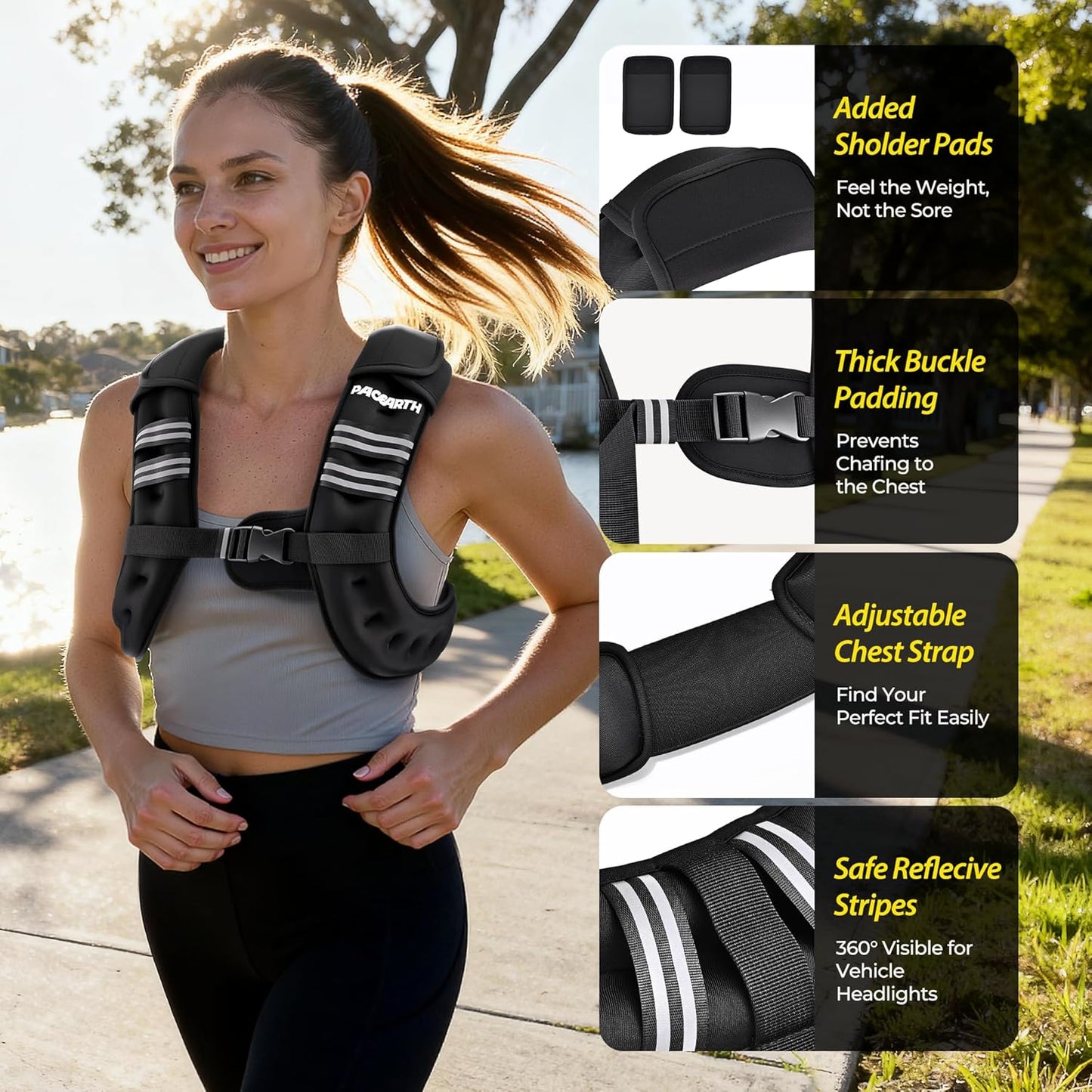 PACEARTH Weighted Vest - Adjustable 6lb to 30lb | Reflective Stripe for Enhanced Safety - Ideal for Strength Training & Weight Loss