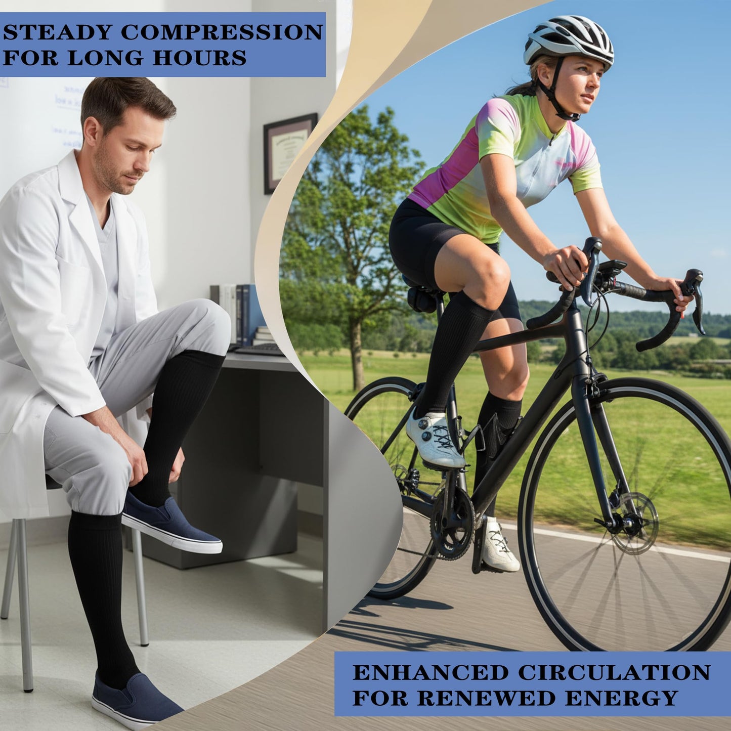 Sooverki Compression Socks for Men & Women 8 Pack 15-20mmHg - Knee High Stockings Leg Warmers Best Support for Running Athletic Work Cycling Travel Black Nylon Polyester Gifts Mujer Hombre
