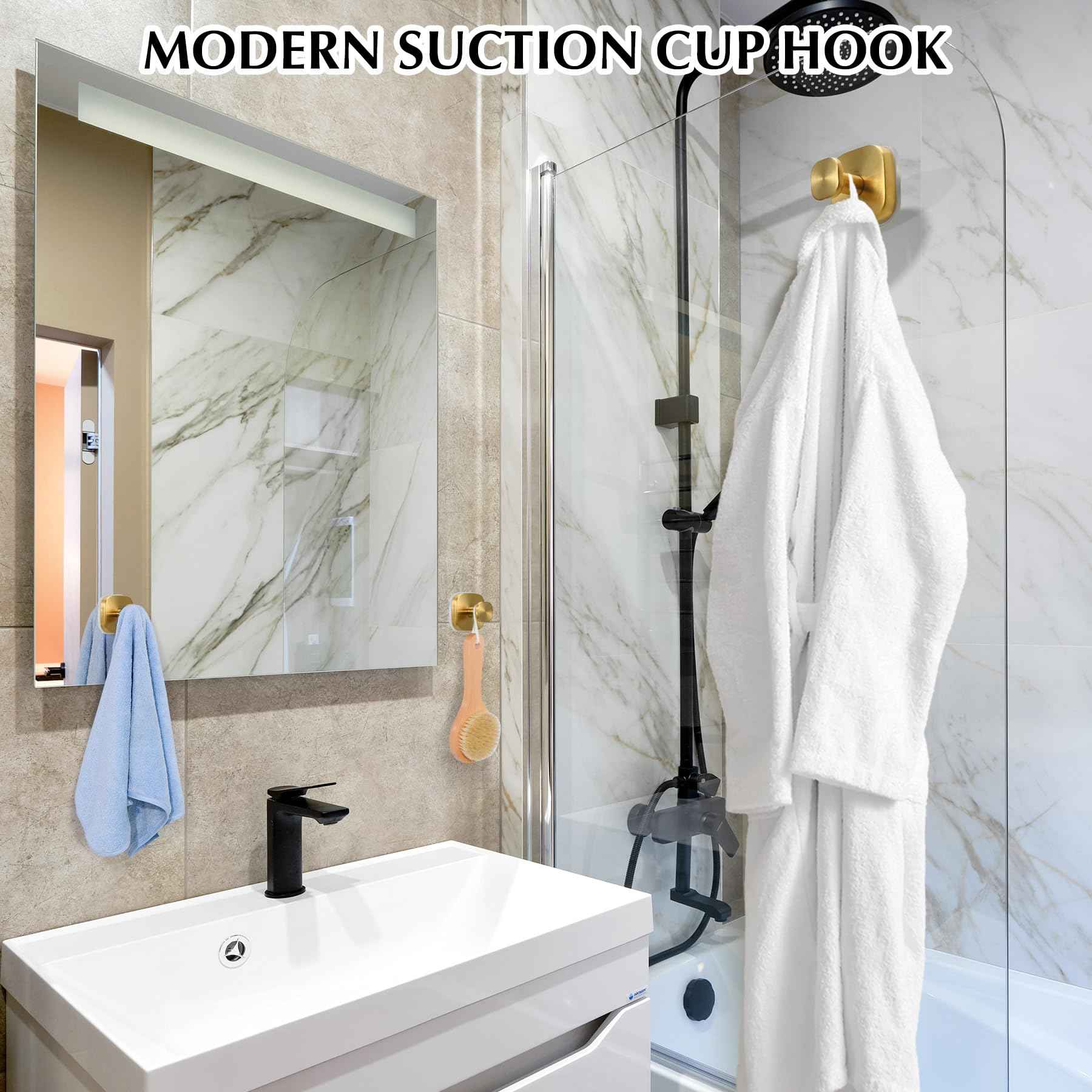 warlve Suction Cup Hooks for Shower - Reusable No-Drill Mounting - Hooks for Towels, Robes & Loofah on Metal, Glass, Mirrors, Tile & Smooth Non-Porous Surfaces (2, Brushed Gold)