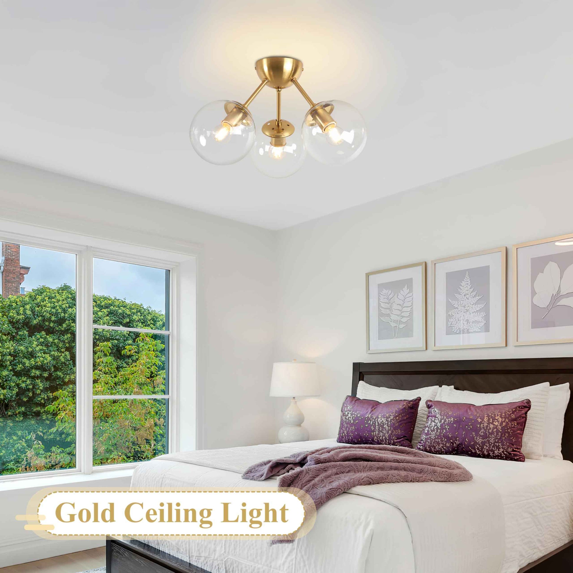 Bagood Mid-Century Modern Semi Flush Mount Ceiling Light 3 Lights Clear Glass Modern Globe Ceiling Light Gold Brass Sputnik Chandeliers for Hallway Entryway Kitchen Bedroom Laundry(Bulb Incl.)