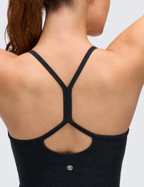 CRZ YOGA Cut-Out Y Back Crop Tank Tops for Women - Scoop Neck Spaghetti Strap Racerback Yoga Longline Sports Bra Non Padded Black Small