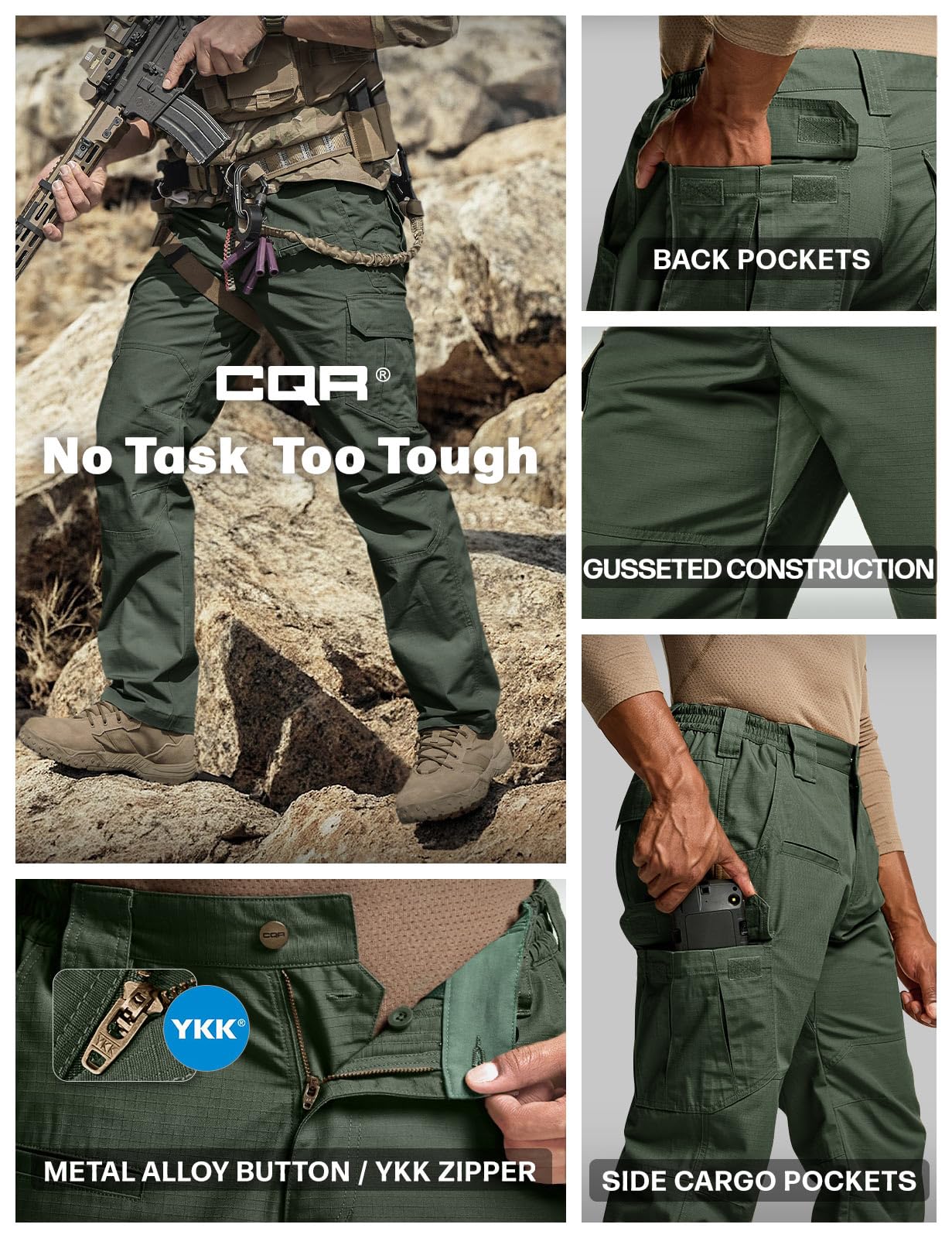 CQR Men's Tactical Pants, Water Resistant Ripstop Cargo Pants, Lightweight EDC Work Hiking Pants, Outdoor Apparel, Raider Green Kelp, 38W x 32L