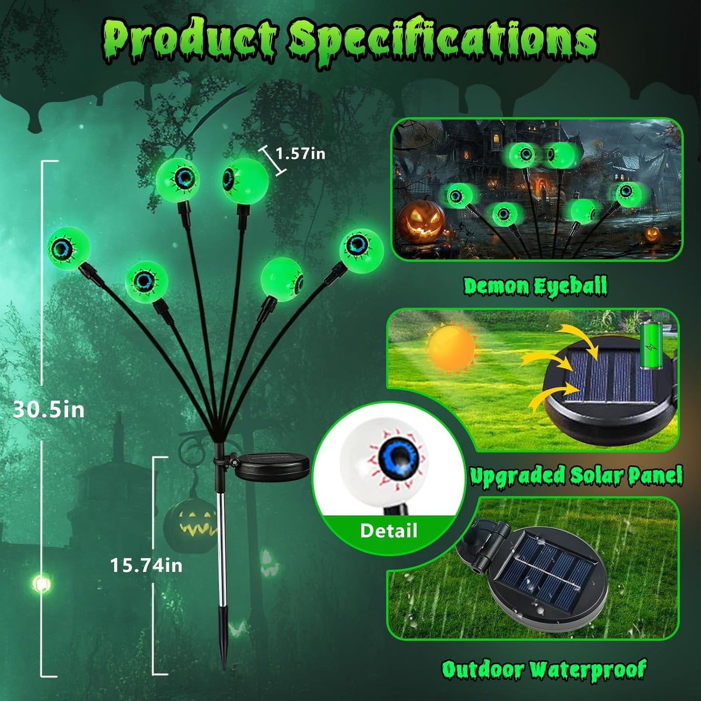 36 LED Solar Eyeball Lights - 6 Pack Halloween Outdoor Decorations, Waterproof Firefly Lights for Pathway & Garden