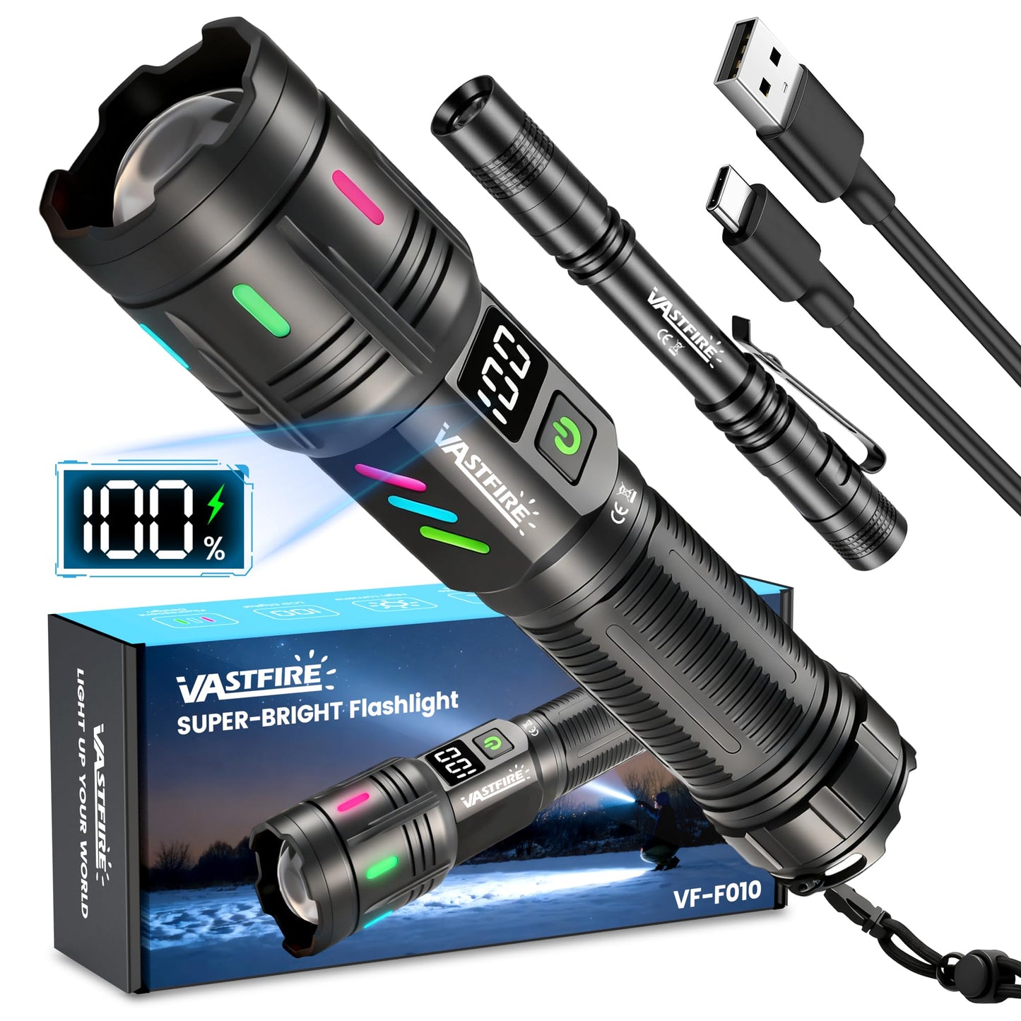VASTFIRE Rechargeable Flashlights High Lumens Long Range 5000ft, Super Bright LED Flashlight with LCD Display, USB Long Lasting High Powered Handheld Flash Light for Camping Hiking Emergency