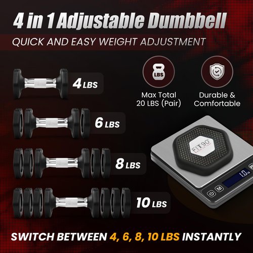 FIT90 20Lbs Adjustable Dumbbell Set with Resistance Bands for Working Out – 2-Pcs Weights Dumbbells Set with 4-Pcs Stretch Bands for Exercise – Quick Adjustment – Comfortable Grip (PINK)