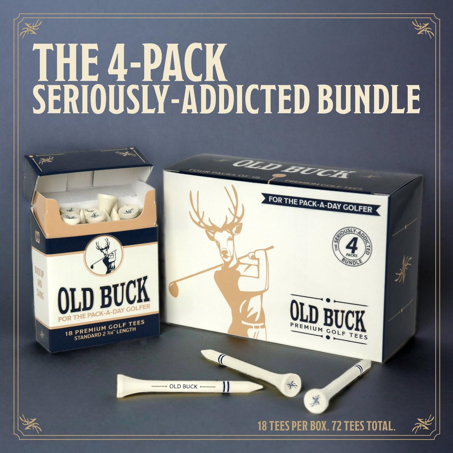Old Buck 2 3/4" Bamboo Golf Tees, Premium Wooden Driver Tees in Cigarette-Style Carton — 18 Tees — Novelty Golf Gift for Men, Dad & Groomsmen (4 Pack (72 Tees))
