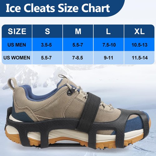 Ice Cleats for Shoes and Boots, Universal Non Slip Snow Cleats Spikes for Shoes with Straps, Anti Slip Crampons Slip-on Rubber Overshoe Flexible Footwear for Winter Hiking Walking Shoveling