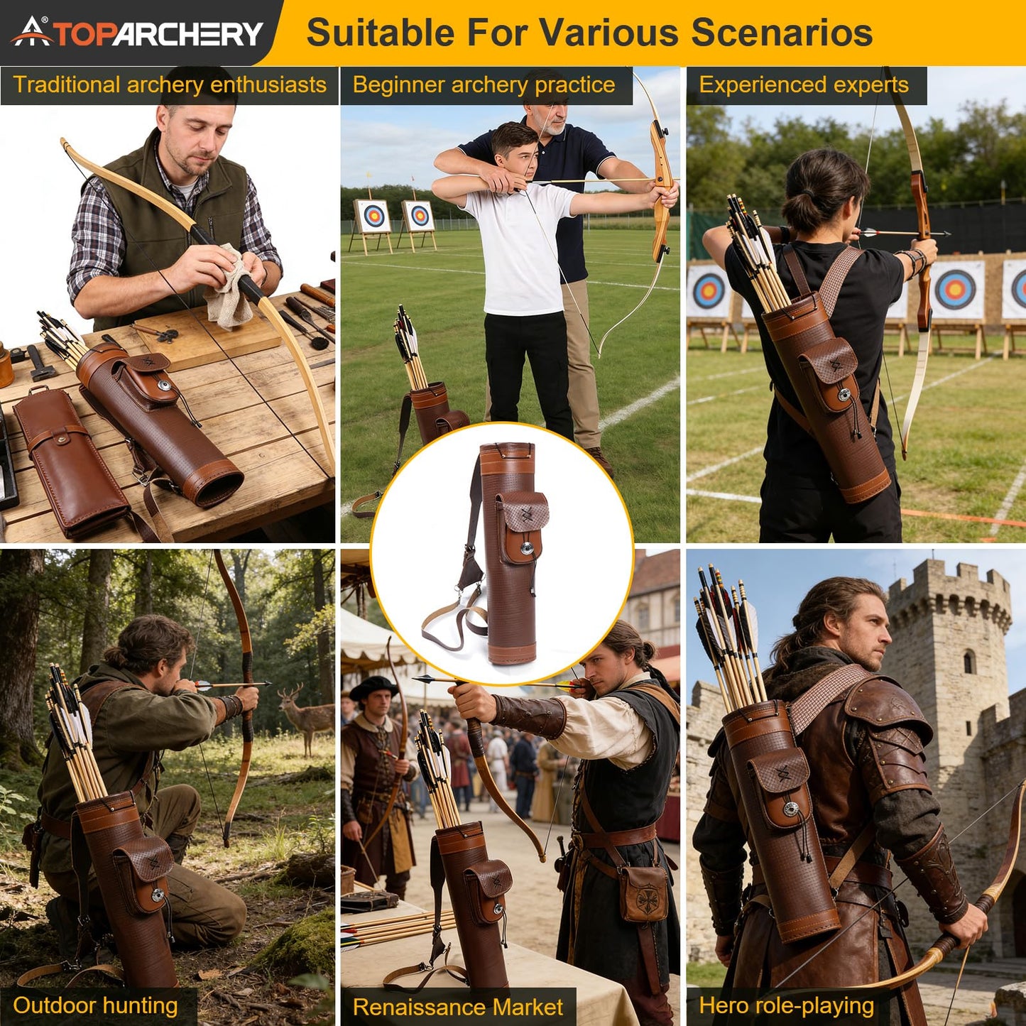 TOPARCHERY Traditional Shoulder Back Quiver Bow Leather Arrow Holder with Large Pouch Handmade Straps Belt Bag Brown