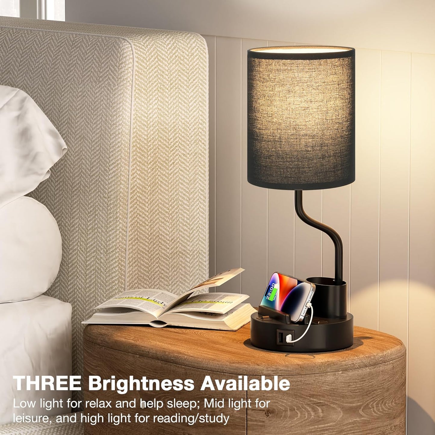 Set of 2 Bedside Table Lamps with USB & AC Outlet - 3 Color Temperatures, Desk Light & Phone Stand for Bedroom, Living Room, Office