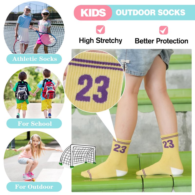 Sandsuced Kids Girls Socks Athletic Sport Basketball Youth Cotton Crew Soft Fun Gift Outdoor Socks 6 Pairs Stocking Stuffers(Assorted,5-8 Years)