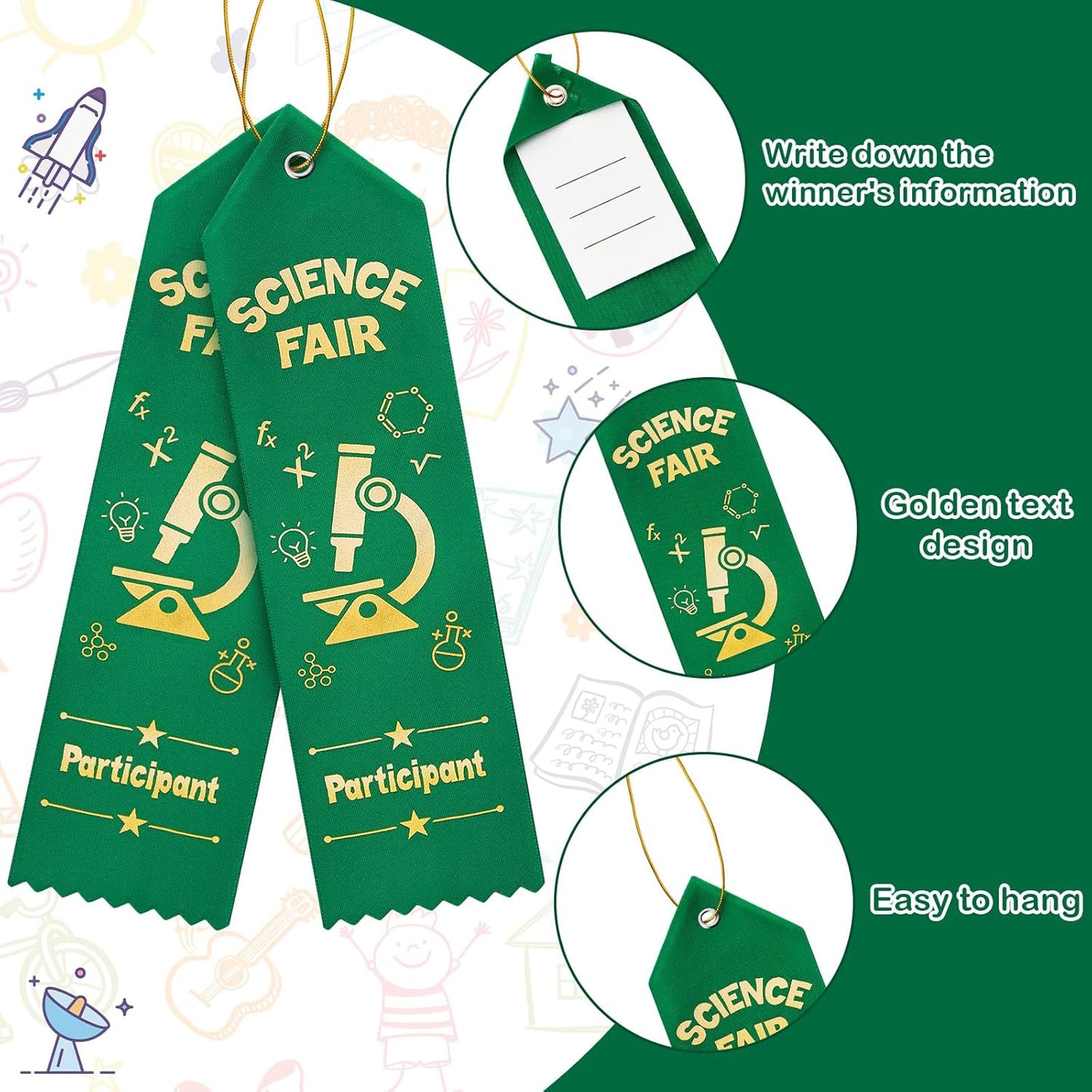 Taiyin 25 Pcs Science Fair Award Ribbons - Green Participation Prizes with Event Cards