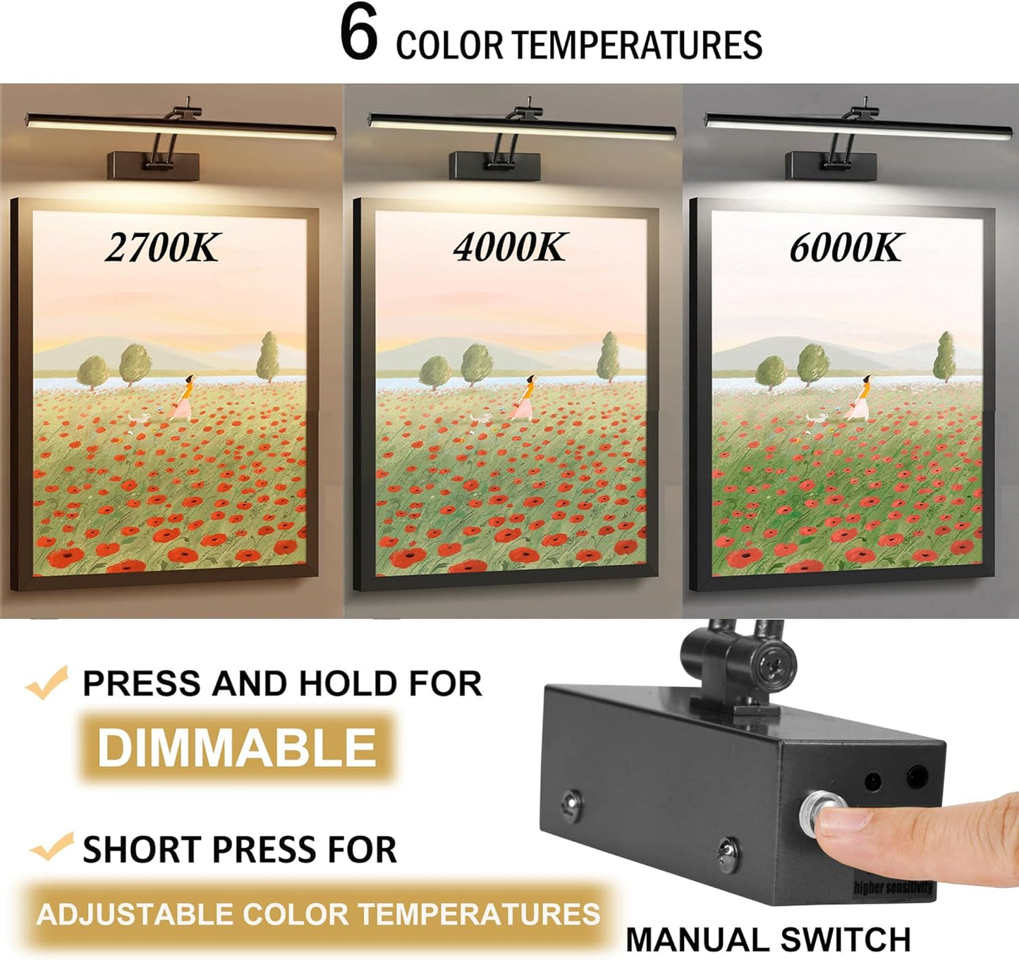 Wireless Battery Operated Picture Lights - 2 Pack, 16 Inch Dimmable Art Lighting with Remote, 6 Color Options - Perfect for Paintings and Gallery Displays