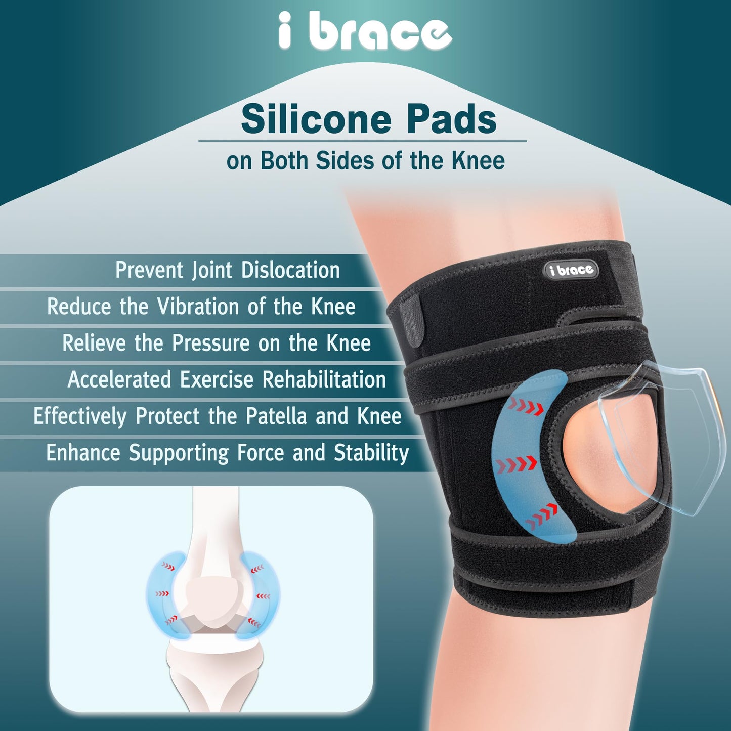 i BRACE Compression Knee Brace, Non-Slip Patella Support with Double Adjustable Straps, Suitable for Patellar Tendinitis, Arthritis, Meniscus Tear, Unisex, Black, M/L