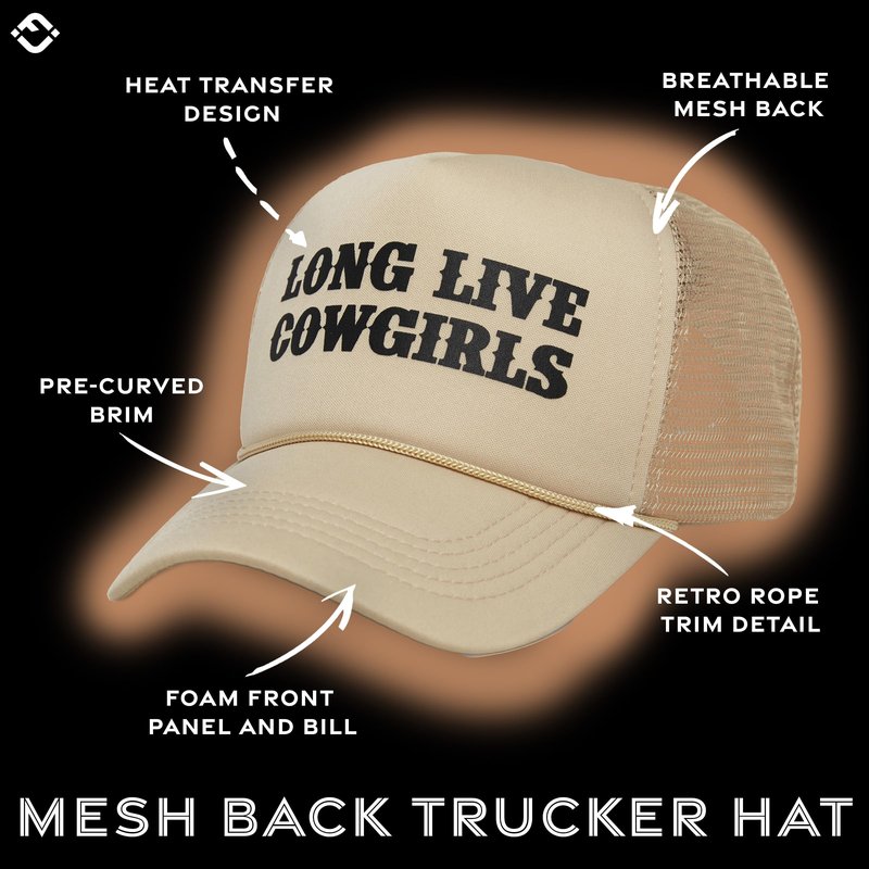 Funky Junque Foam Trucker Hat – Funny Mesh Back Baseball Cap for Men & Women, Cowboy Chic Party Hat, Trendy Womens Trucker Hats - Long Live Cowgirls (Khaki)