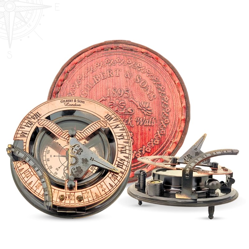 Antique Brass & Copper Sundial Compass, Sundial Clock in Box Gift Sun Clock Ship Replica Watch, Nautical Gifts for Men, Unique Nautical Decor, Naval Maritime Sundial (#5 Antique Gilbert)