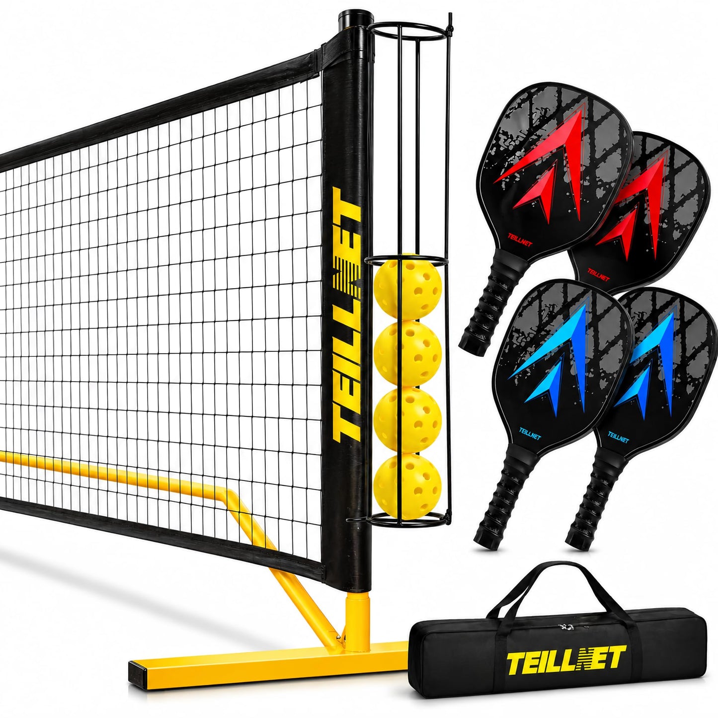 TEILLNET Pickleball Set with Net & Metal Ball Holder - Portable 22FT Regulation Size Net, 4 Wooden Paddles, 4 Balls and Carry Bag, Weather-Resistant Metal Frame, Perfect for Outdoor Indoor Driveway