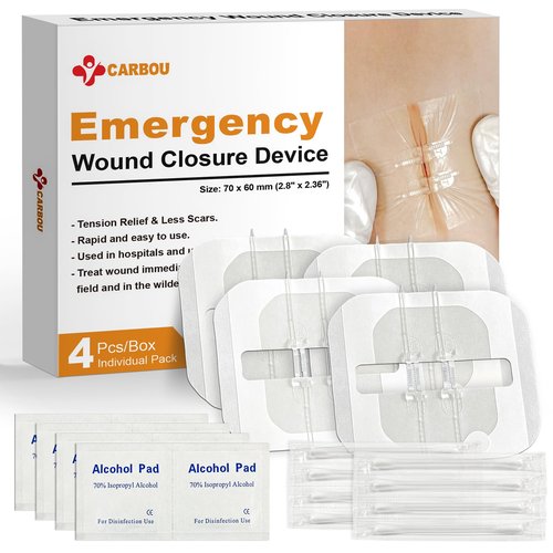 Carbou Emergency Wound Closure Strips - 4 Pcs - Zip Stitch Butterfly Bandaids - Laceration Closure Kit - Stitchless & Easy to Use
