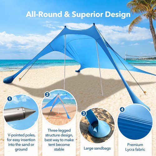 Beach Tent Shade Canopy with UPF50+ Protection Sun Shelter Umbrella Portable Camping Tents with Sandbags Poles and Ground Pegs and Anti-Wind Ropes for Beach Outdoor Camping Backyard Picnics 7.5X7.5Ft