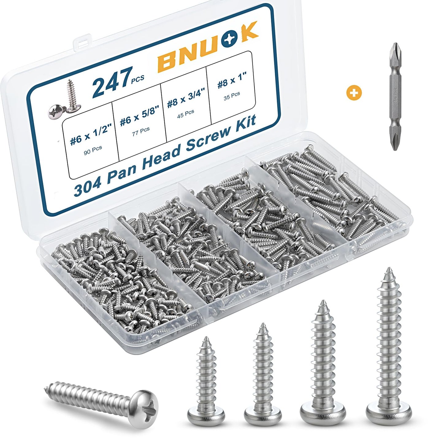 BNUOK 247Pcs Pan Head Wood Screws Assortment Kit, #6#8 Stainless Steel 304 Self Tapping Screws Set, Phillips Drive, Sheet Metal Screws