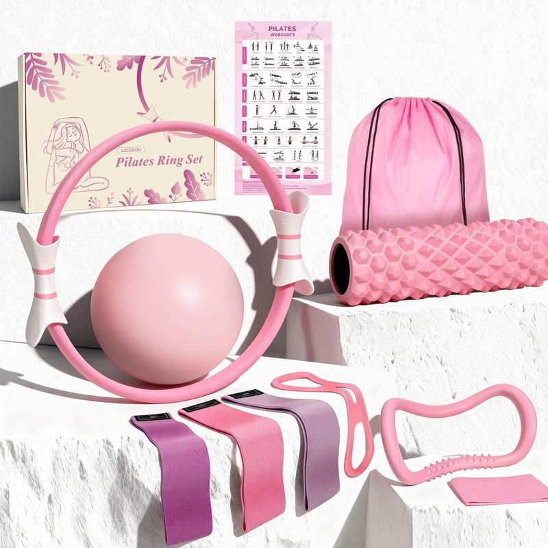LZCDUDU Pink Pilates Ring Kit with 14.5 inch Magic Circle & Foam Roller, Ergonomic Home Workout Equipment Set, Full Essentials for Women Beginners - Includes Exercise Guide & Storage Bag