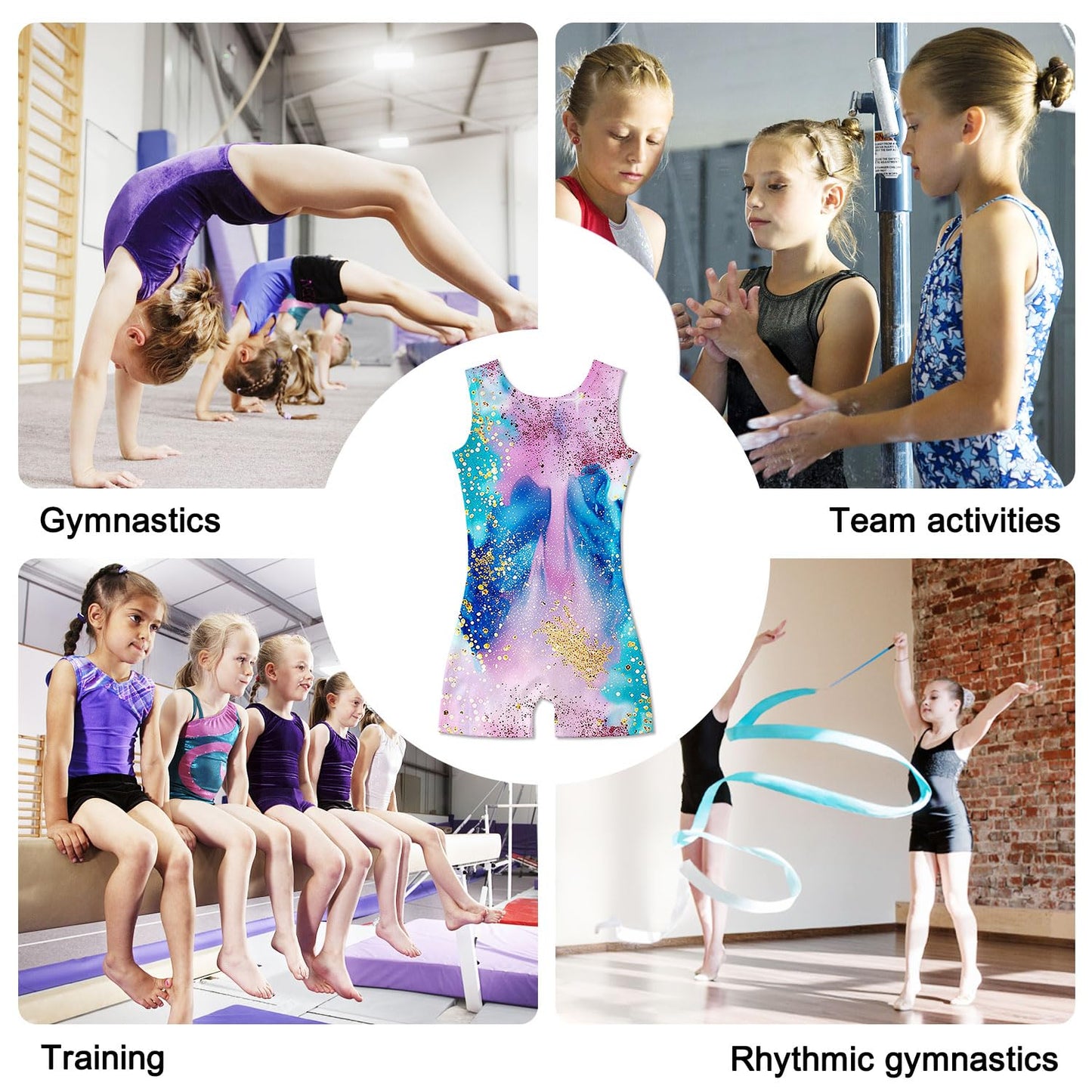 Funnycokid Gymnastics Leotards for Girls Dance Clothes Sparkly Outfits Unitard with Shorts, Diamond Blue Pink, 7-8 Years