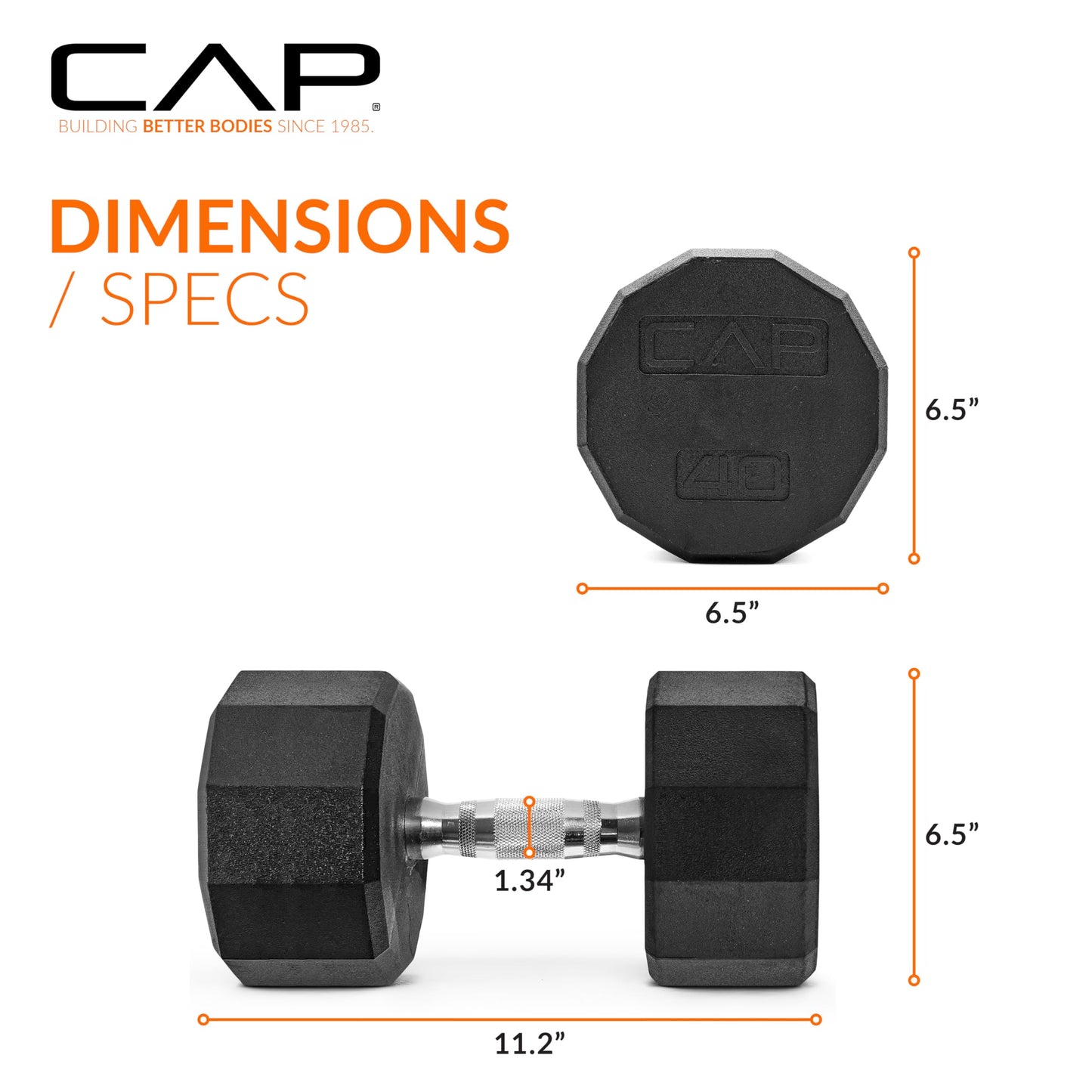 CAP 40 LB 12-Sided Rubber Coated Dumbbell Weight, Rubber Free Weights for Home Gym Strength Training, Chrome Handle, Single