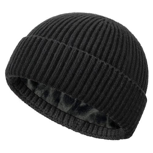 choshion Fleece Lined Wool Fisherman Beanie for Men Women, Thermal Skull Cap Winter Hats, Cold Weather Warm Knit Cuffed Cap, Black