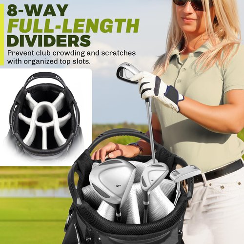 8-Way Golf Stand Bag, Lightweight Golf Bag with Dual Strap & Full-Length Dividers, Portable Golf Club Carry Bag with Multiple Pockets, Waterproof Rain Hood for Men Women(Charcoal Gray)
