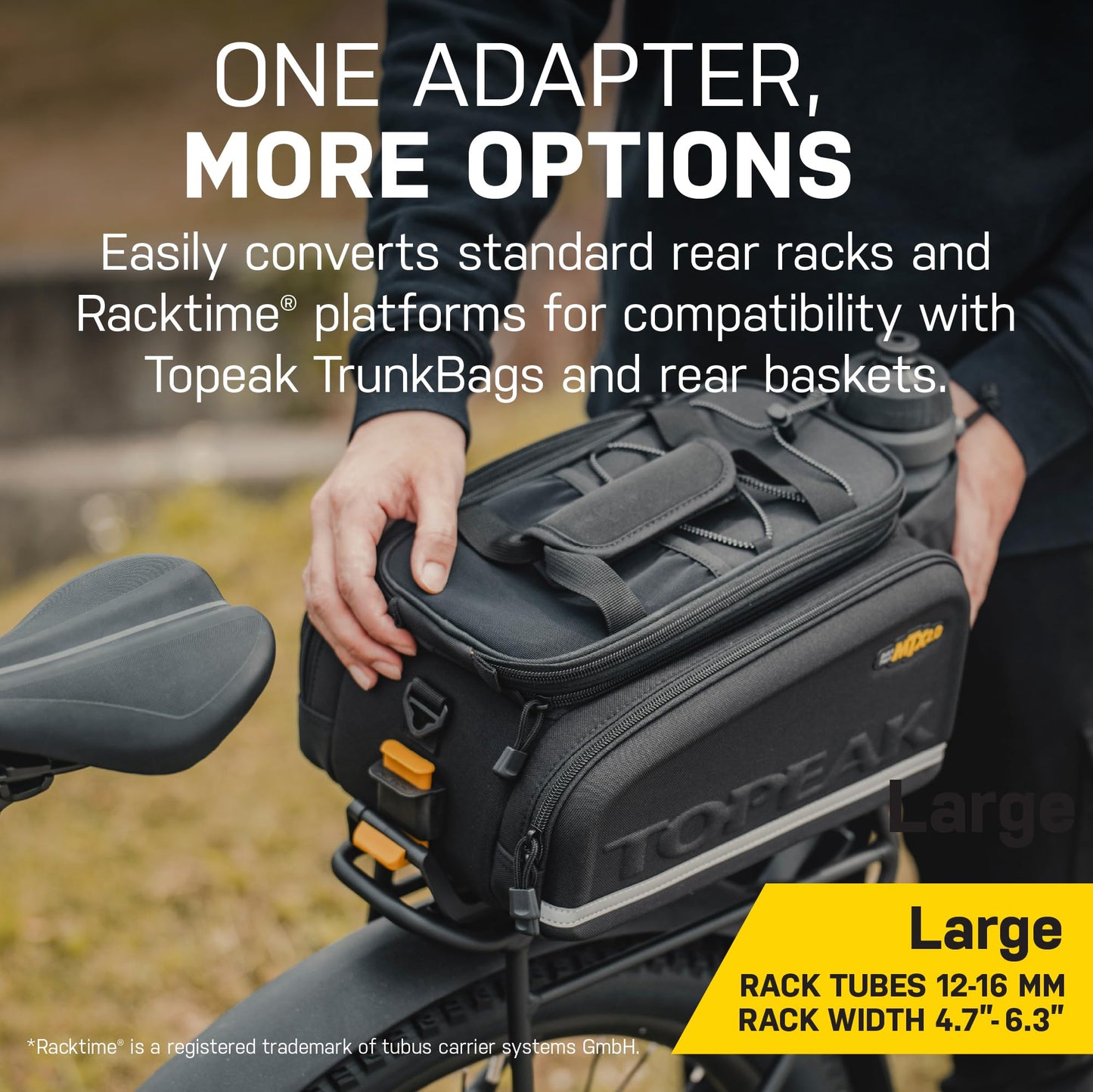 Topeak Omni QuickTrack Adapter – Large, Rear Rack Adapter for Topeak MTX/RX TrunkBags & MTX Baskets (120–160 mm Rack Width) – Lightweight Polymer Platform for Standard & Racktime Racks
