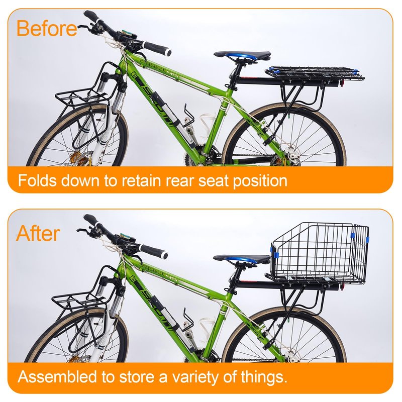 HOMEE Folding Detchable Rear Bike Basket, Bicycle Cargo Rack Storage Basket, Waterproof Metal Bike Basket for Most Rear Mounted Bike Rack