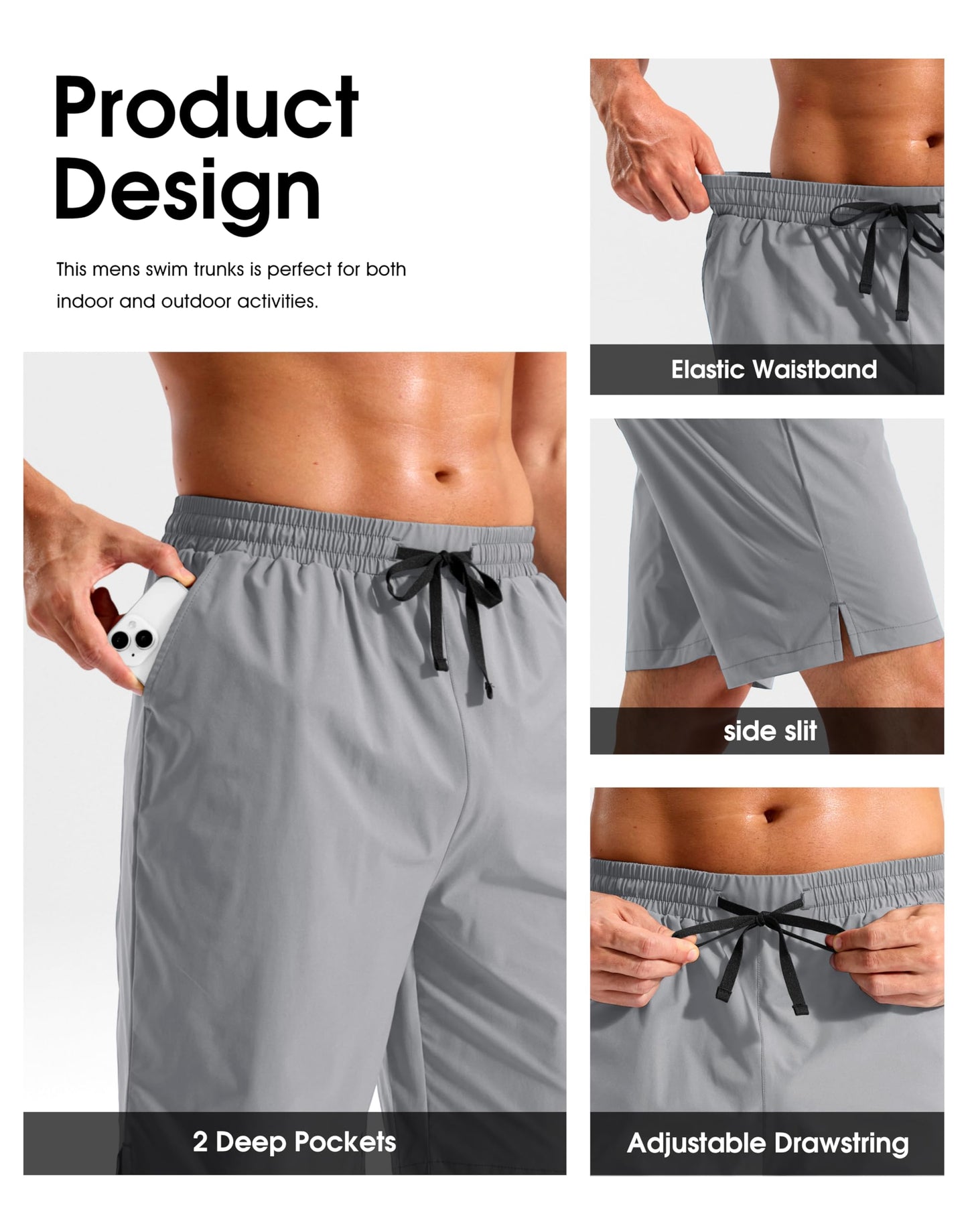 Pudolla Men's Swim Trunks 9"/11" Quick Dry Board Shorts Bathing Suits Beach Shorts for Men with Pockets - No Liner(Light Grey 9 Inseam-L)