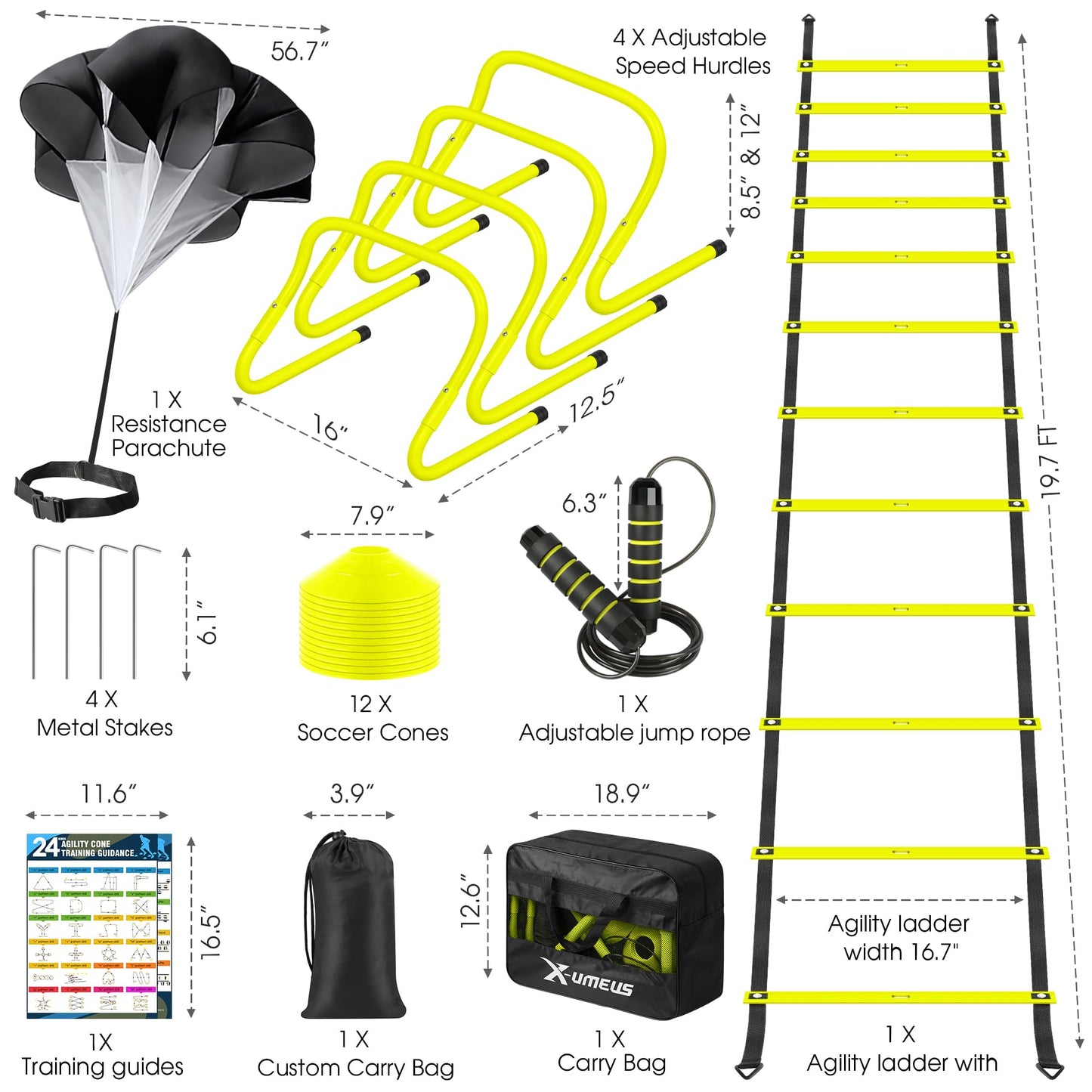 X-UMEUS Agility Ladder Speed Training Equipment Set-20ft Agility Ladder,12 Soccer Cones,4 Hurdles, Jump Rope, Running Parachute| Basketball Football Soccer Training Equipment for Kids Youth Adults