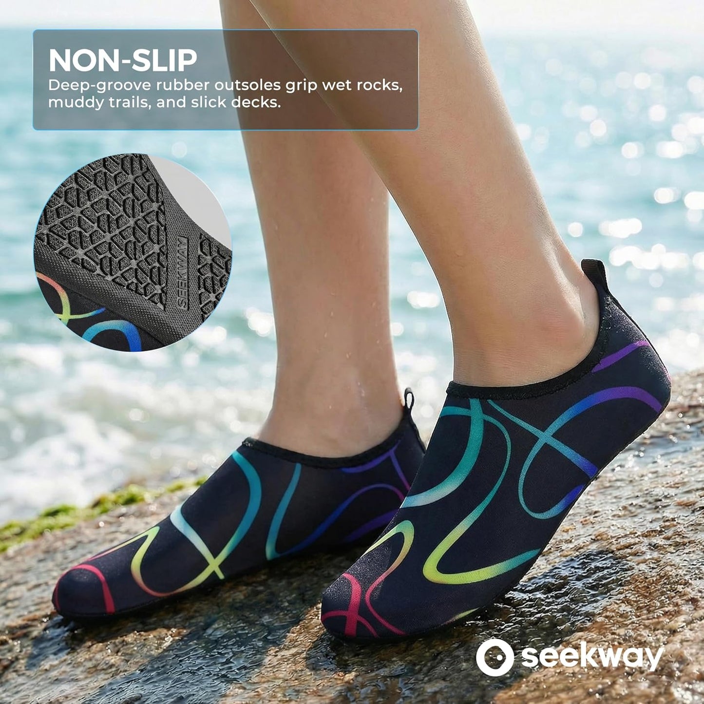 SEEKWAY Water Shoes - Quick-Dry Aqua Socks for Adults | Non-Slip Barefoot Design - Black SK002(U)