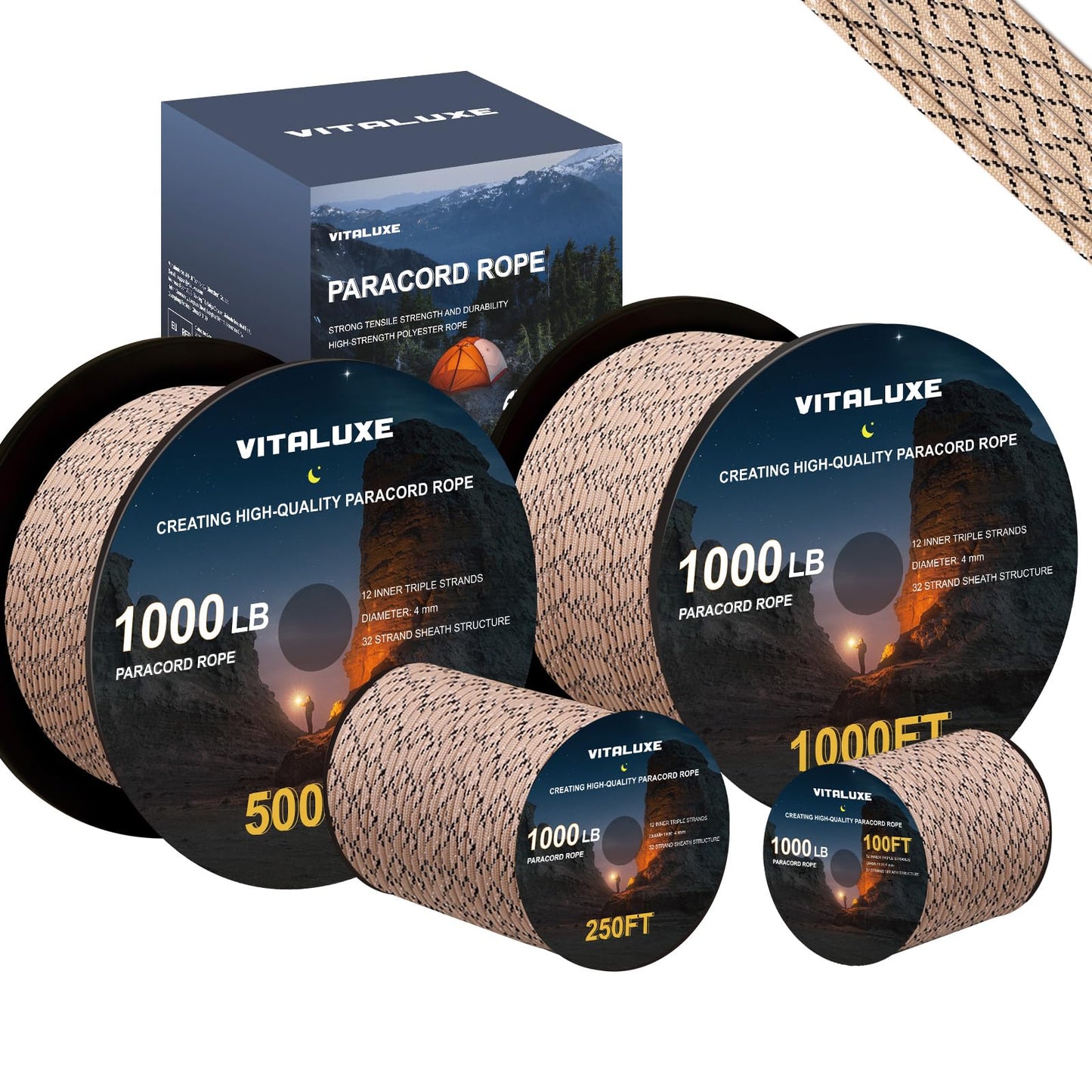 VITALUXE 1000lb Paracord Rope, 4mm 12 Triple Strands 100FT, Desert Camo