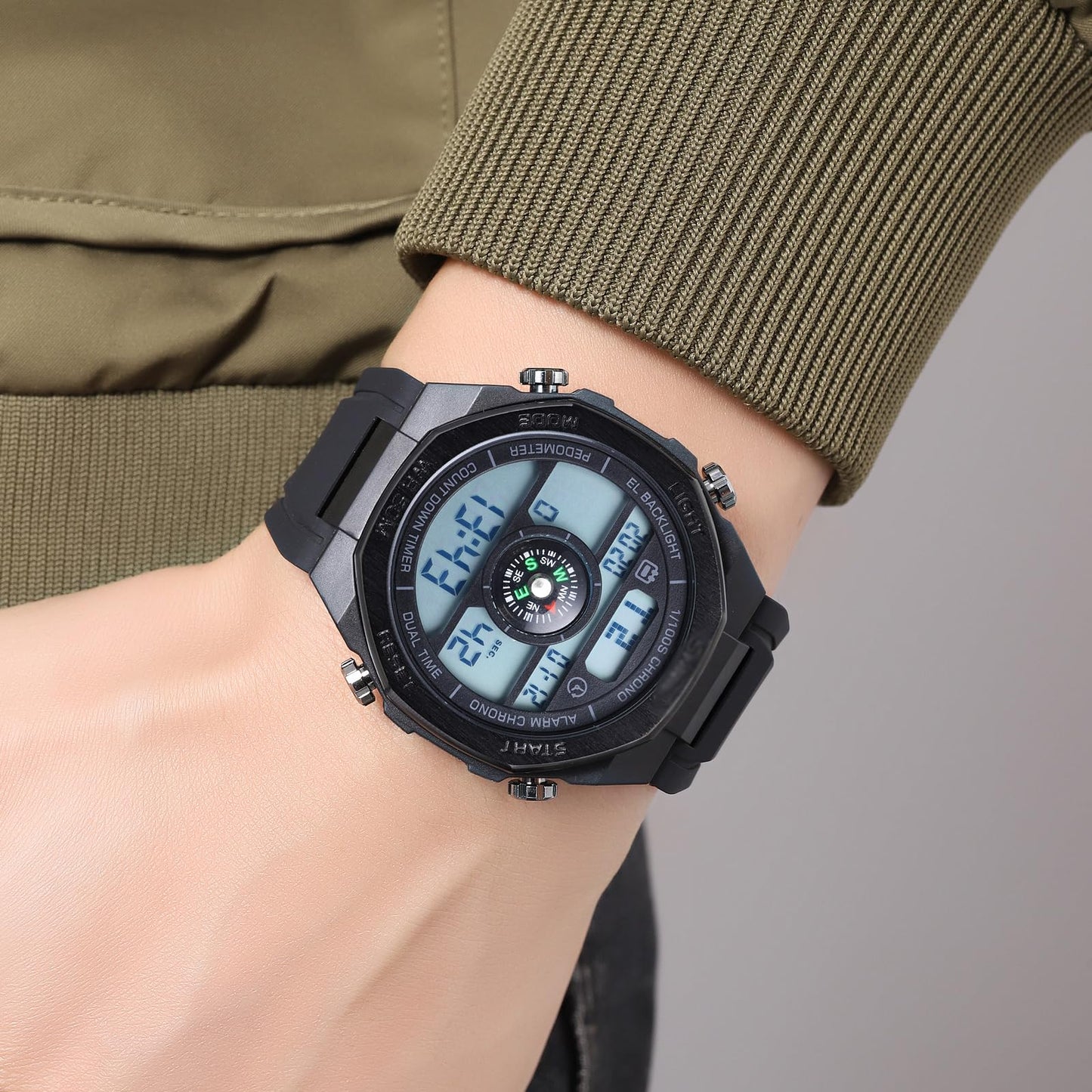 TOOCAT Multifunctional Outdoor Wristwatch (Unisex), 50m Water-Resistant Digital Watch with Step and Calorie Tracking, No Phone Connection Required, No Charging Needed (Black/White)