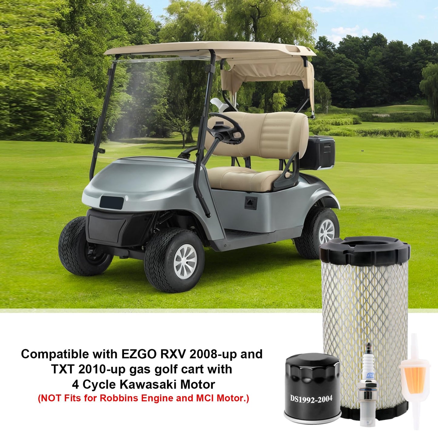 Roykaw Golf Cart Tune Up Kit for EZGO RXV 2008-up & EZGO TXT 2010-up Gas Models with Kawasaki Motor Air Filter 28463-G01, Fuel Filter 72084-G01, Oil Filter 607454, Spark Plug 607462