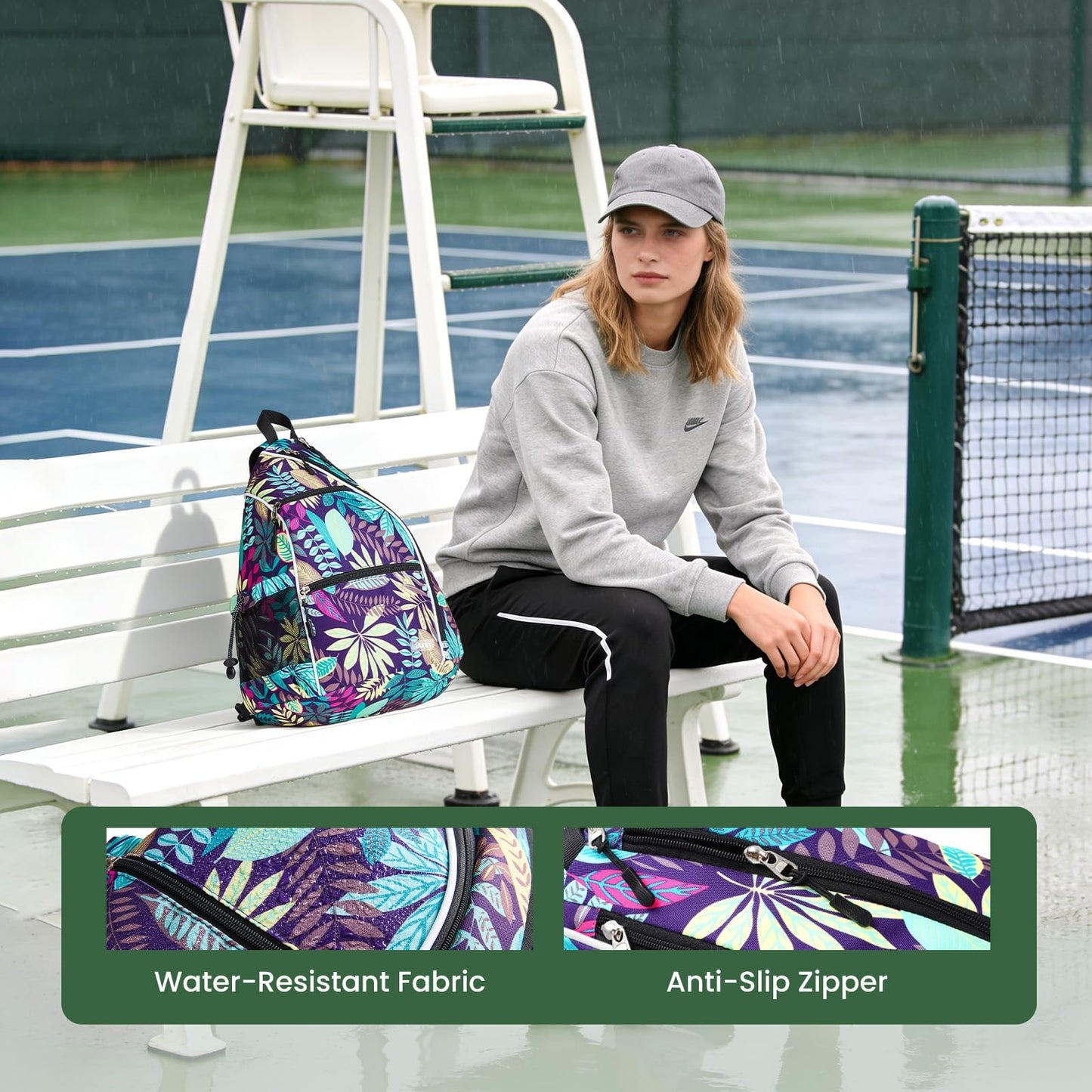 Sucipi Pickleball Bag - Men's -Women's Pickleball Backpack, Adjustable Sling Bag w/Fence Hook/Large Capacity/Safety Pocket-Purple Leaf