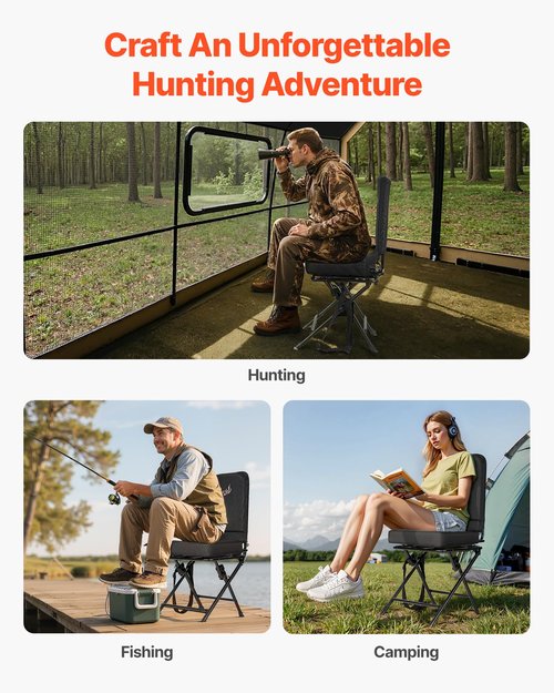 VEVOR Hunting Chair, 360° Silent Swivel, Foldable Lightweight Portable Blind Chair, Heavy-Duty Steel Frame Ground Stool Seat, with Adjustable Shoulder Strap, 300 Lbs Capacity for Fishing, Camping